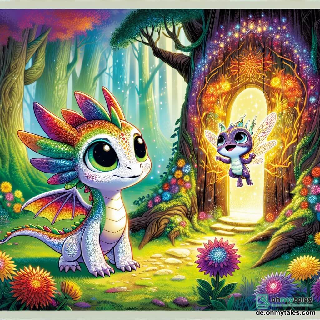 Ein kleiner Drache namens Liora, mit schimmernden Schuppen in Regenbogenfarben und großen, neugierigen Augen, steht mutig vor einem majestätischen Baum mit leuchtenden Blumen, seine kleine Pfote auf der geheimen Tür, die sich gerade geöffnet hat. Sie zeigt einen Ausdruck von Staunen und Entschlossenheit. An ihrer Seite schwebt Nimbus, ein kleines, leuchtendes Wesen, das einem Glühwürmchen ähnelt, fröhlich in der Luft mit einem strahlenden Lächeln und funkelnden Flügeln, und ermutigt Liora, in die magische Welt einzutreten. Im Hintergrund ist der Ort ein verzauberter Wald mit riesigen, knorrigen Bäumen, Sonnenstrahlen, die durch das dichte Laub filtern, und bunten Blumen, die im Wind tanzen. Die Hauptsituation zeigt Liora, bereit, sich ins Unbekannte zu wagen, während die Tür des Baumes sich zu einer Welt voller Magie und Geheimnisse öffnet, erleuchtet von Lichtblitzen und lebhaften Farben.