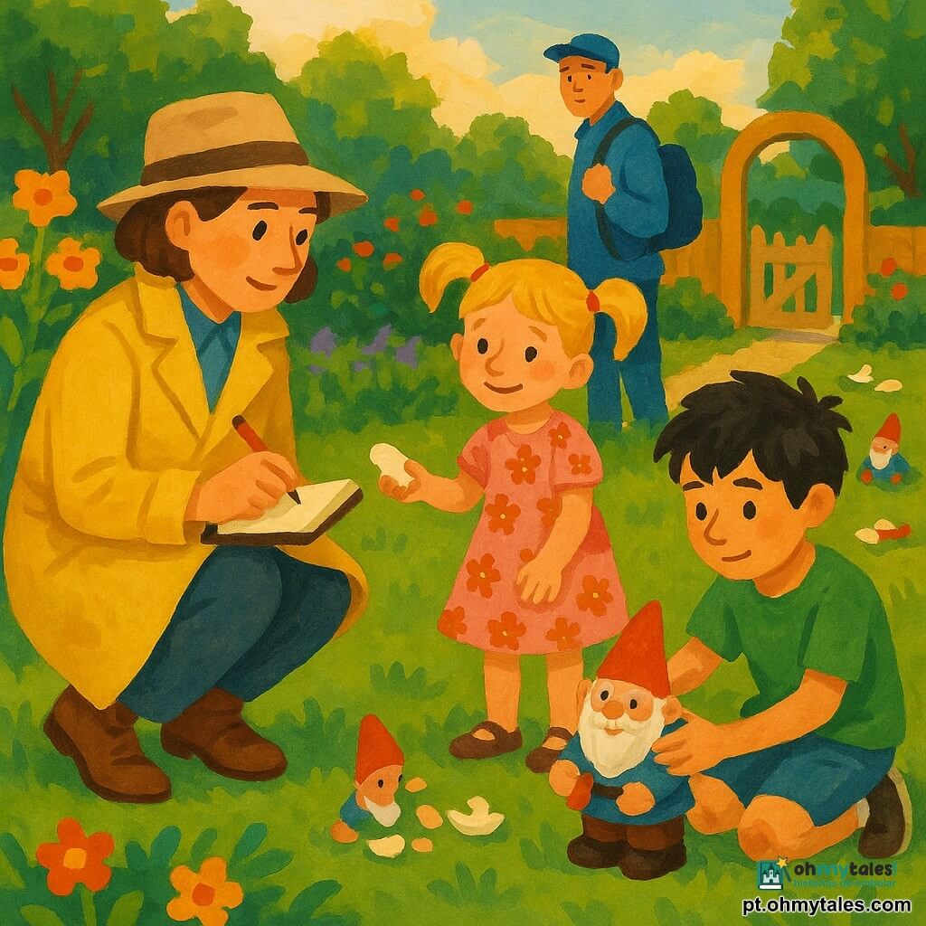 Uma detetive mulher, expressão concentrada e benevolente, rosto redondo, cabelo castanho curto, casaco amarelo claro e botas marrons, ajoelhada com caderno e lápis observando gnomos de jardim quebrados; um menino de cerca de 9 anos, cabelos pretos despenteados, camiseta verde e joelhos sujos, repara atentamente um gnomo de cerâmica ao lado dela; uma menina de cerca de 7 anos, cabelos loiros em tranças, vestido rosa com flores, sorri timidamente e oferece uma peça de gnomo reparada; um carteiro de ~40 anos com boné azul e mochila de lona observa ao fundo junto a um banco; cenário: parque-jardim comunitário ao fim da tarde com relva, canteiros floridos, caminho de cascalho, portinhola de madeira e gnomos espalhados; situação principal: a detetive descobre as crianças reunindo gnomos furtados para devolvê-los, cena calorosa, mãos ativas, expressões de remorso e cumplicidade, luz suave e sombras longas, textura de gouache visível.