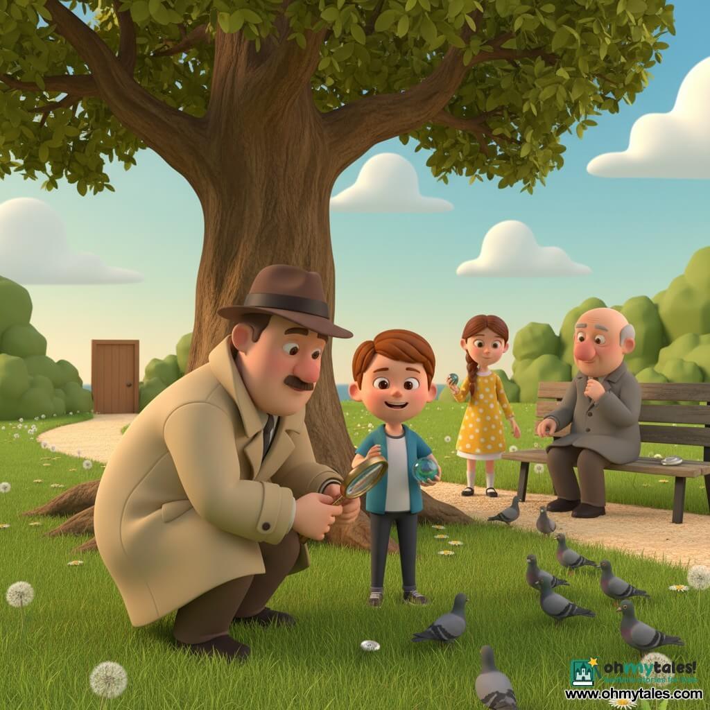 A 35-year-old detective with a round face, thin mustache, brown fedora and slightly oversized beige coat crouches examining a small shiny button in the grass with a magnifying glass; an 8-year-old boy (Max) with short brown hair and flushed cheeks stands beside him, relieved smile, holding a blue-and-green marble in his left hand; a 7-year-old girl (Lily) with a brown braid and a yellow polka-dot dress stands slightly back by a house door, shy but proud, holding another marble in her right hand; a 70-year-old man in a gray coat with a missing button sits on a worn wooden bench feeding pigeons, a shiny button beside him; the park has a large green lawn dotted with dandelions, a big oak with exposed roots, a light gravel path, and a soft evening sky with fluffy clouds; the scene centers on the oak and conveys a warm, gentle moment of discovery and reunion as the detective shows the found button.