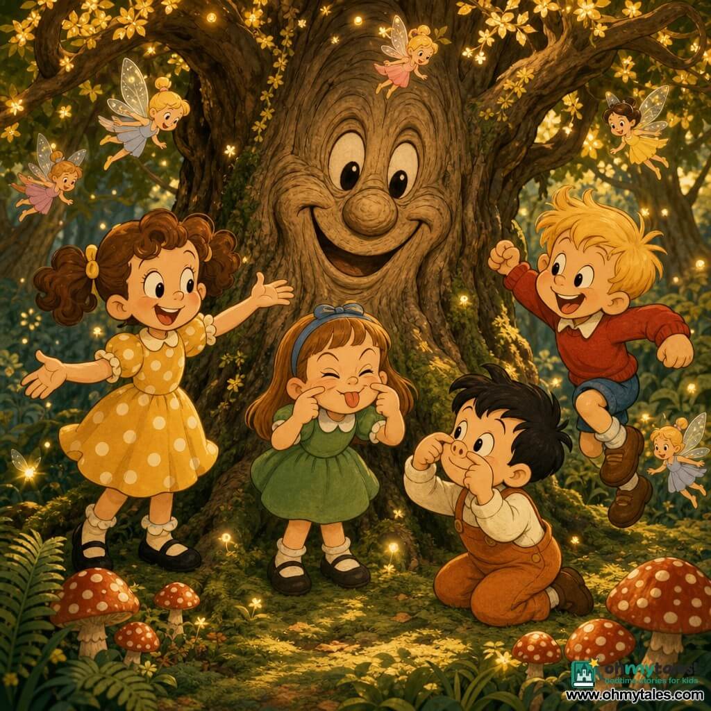 Four children: Mia, ~7, curly brown hair in pigtails, yellow polka-dot dress, left, telling a story with open hands and a big smile; Jack, ~7, messy blond hair, red sweater, right, hopping on tiptoe, playful expression; Lily, ~6, light brown straight hair with blue headband, green dress, center in front of the tree making a funny squinting face; Tom, ~6, short black hair, orange overalls, kneeling by Lily, wiggling his nose like a rabbit; setting: heart of a bright forest with emerald moss, red-and-white mushrooms, soft ferns, golden sunbeams and glowing fireflies; main scene: a large ancient tree with a wrinkled trunk and a smiling carved face sprouting shimmering golden leaves while small translucent-winged fairies hover; the children form a semicircle, making gestures and faces to make the tree laugh — magical warm-toned, rounded features, close perspective centered on tree and children.