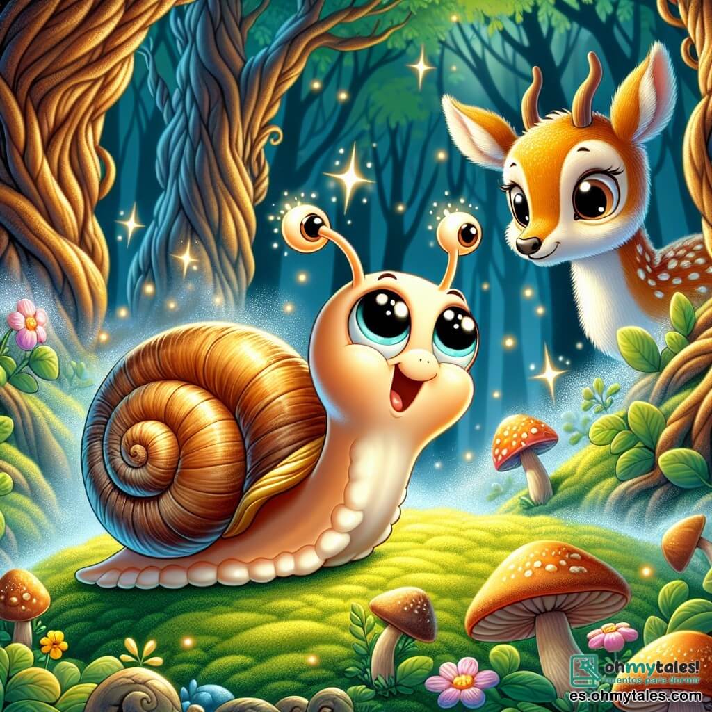 Un pequeño caracol llamado Tito, con un caparazón brillante como una perla y ojos chispeantes de curiosidad, avanza con determinación a través de una espesa bruma mágica que brilla como estrellas. Tito muestra una expresión de asombro y emoción, con sus antenas levantadas hacia el cielo. Cerca, un majestuoso cervatillo de grandes ojos dulces y pelaje dorado observa a Tito con interés, situado en una pequeña colina cubierta de musgo verde. El cervatillo parece curioso y amigable, listo para aprender de las aventuras de Tito. El escenario es un bosque encantado, donde árboles de troncos retorcidos se elevan hacia el cielo, sus hojas brillan con una luz dorada a través de la bruma. Flores coloridas y hongos de formas extrañas salpican el suelo, creando un cuadro de cuento de hadas. La situación principal muestra a Tito descubriendo la magia de la bruma, rodeado de susurros de hojas y luces centelleantes, mientras comparte un momento de amistad con el cervatillo, listo para enseñarle velocidad y valentía.