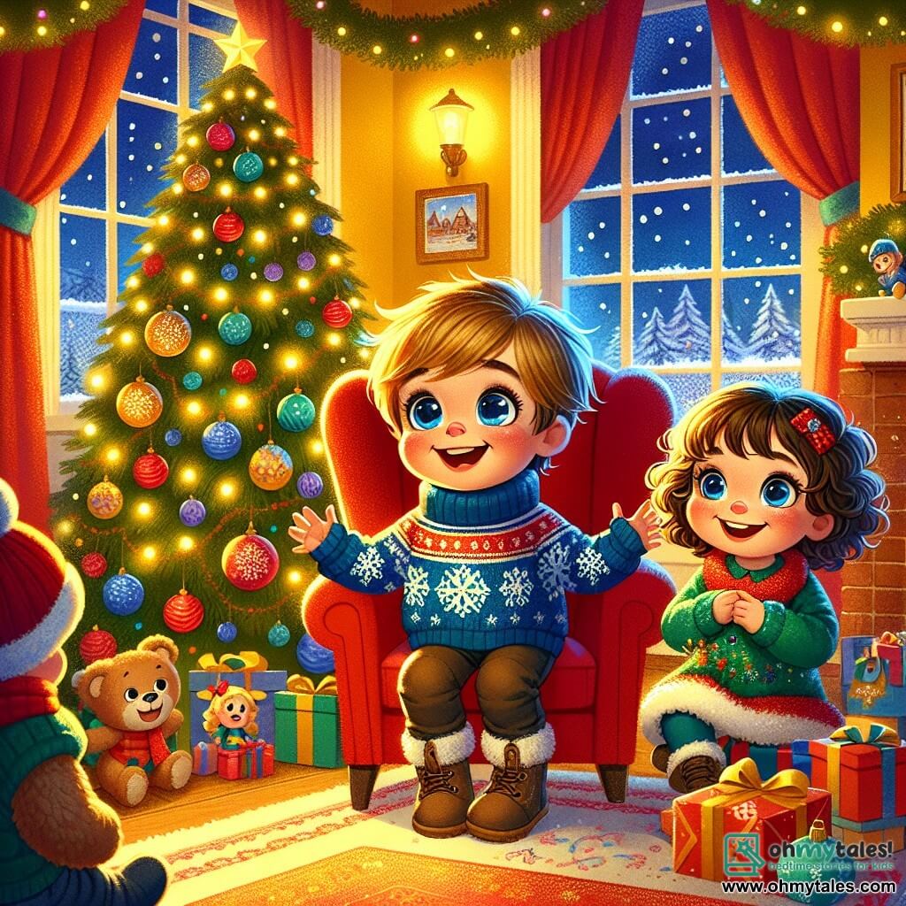 A 4-year-old boy named Tommy, with big sparkling eyes and a radiant smile, sits in a red armchair surrounded by colorful toys. He wears a blue wool sweater with snowflake patterns and looks amazed, arms open as if welcoming the magic of Christmas. Next to him, a 5-year-old girl named Lily, with curly hair and a green dress adorned with sequins, excitedly gazes at a large Christmas tree decorated with twinkling garlands and colorful baubles. She holds a gift in her hands, ready to open it. The setting is a cozy orphanage room with soft yellow walls, red-curtained windows, and a plush carpet on the floor. Snowflakes gently fall outside, creating a fairy-tale atmosphere. The main scene shows Tommy and Lily, surrounded by other children, discovering gifts under the tree, their faces lit up with the joy and excitement of Christmas, while a soft golden light fills the room, adding a touch of magic to this special moment.
