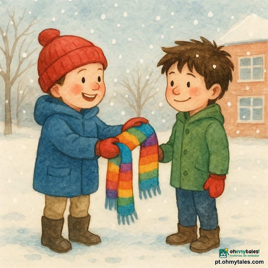 Um menino de 8 anos, chamado Tomás, com bochechas rosadas e um largo sorriso, veste um grosso casaco azul, um gorro vermelho e botas de neve. Ele oferece um cachecol colorido a outro menino. Ao lado dele, um menino de 8 anos, chamado Luís, com cabelos castanhos despenteados, veste um casaco verde e luvas vermelhas, exibindo um sorriso agradecido. Eles estão no pátio nevado da escola, cercados por flocos de neve que caem suavemente. Ao fundo, árvores sem folhas e um prédio escolar de tijolos vermelhos completam a cena de inverno. A situação principal mostra Tomás compartilhando seu cachecol com Luís, ilustrando um gesto de amizade e calor no frio do inverno.