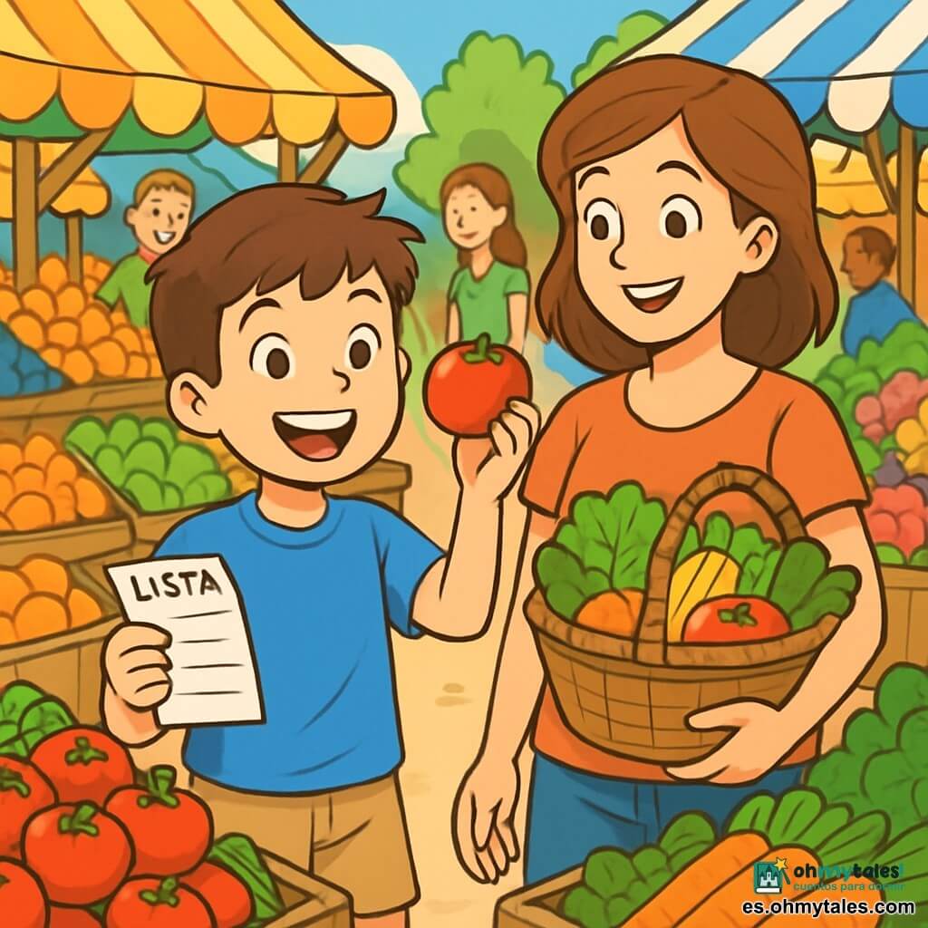 Un niño de 10 años, Tomás, con cabello castaño y ojos brillantes, sonríe alegremente sosteniendo una lista de compras en una mano y un tomate rojo brillante en la otra. Lleva una camiseta azul y un pantalón corto beige, y su rostro expresa emoción y orgullo. A su lado, su mamá, una mujer de unos 35 años con cabello castaño y una sonrisa cálida, lleva una cesta llena de frutas y verduras frescas. Ella mira a Tomás con admiración, un poco detrás de él, en un mercado animado. El lugar es un mercado local vibrante, lleno de puestos coloridos con frutas multicolores, verduras crujientes y flores brillantes. La gente se mueve alegremente, y el aire está impregnado del olor de especias y productos frescos. La situación principal muestra a Tomás y su mamá eligiendo productos frescos juntos, mientras amigos y otros clientes se cruzan a su alrededor, creando una atmósfera alegre y amigable.