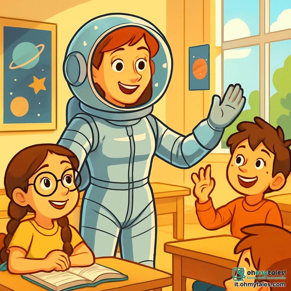 Valentina, un'astronauta trentenne, è in piedi in un'aula luminosa, circondata da bambini affascinati. Indossa una tuta spaziale argentata brillante e un casco trasparente che riflette stelle scintillanti. Il suo viso irradia gioia ed entusiasmo, i suoi occhi brillano di passione per lo spazio. Accanto a lei, Marco, un ragazzo di 9 anni con i capelli castani disordinati, alza la mano con un grande sorriso, impaziente di fare una domanda. Sofia, una ragazza di 10 anni con occhiali e trecce, è seduta sul bordo del suo seggiolino, gli occhi sgranati, catturata dalle storie di Valentina. L'aula è colorata, con poster di pianeti e stelle appesi alle pareti, banchi in legno chiaro e finestre che lasciano entrare la luce del sole. Valentina racconta le sue avventure nello spazio, mentre i bambini la ascoltano attentamente, i loro volti illuminati dall'incanto e dalla curiosità, sognando di diventare astronauti.