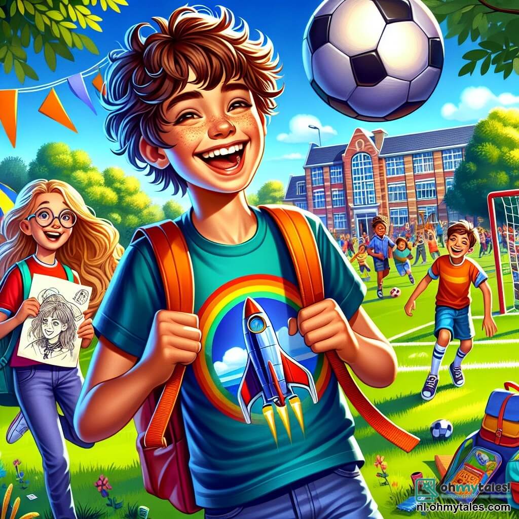 Een 11-jarig jongen, Thomas, met bruin, krullend haar, glimlacht enthousiast terwijl hij een voetbal in de ene hand en een kleurrijke rugzak in de andere houdt. Hij draagt een T-shirt met een grote afbeelding van een raket, wat zijn droom om astronaut te worden symboliseert. Naast hem lacht Emma, een 10-jarig meisje met lange, blonde vlechten, terwijl ze een tekening vasthoudt die ze heeft gemaakt, terwijl Sam, een 11-jarig jongen met een bril en een brede glimlach, zich voorbereidt om een vrije trap te nemen op het voetbalveld. De achtergrond is een drukke schoolyard, met kinderen die spelen, groene bomen en een groot schoolgebouw op de achtergrond, waar felle kleuren en buitenspellen bijdragen aan de vrolijke sfeer. De hoofdscene toont Thomas en zijn vrienden die samen plezier hebben tijdens de pauze, klaar om voetbal te spelen, omringd door een sfeer van kameraadschap en geluk.