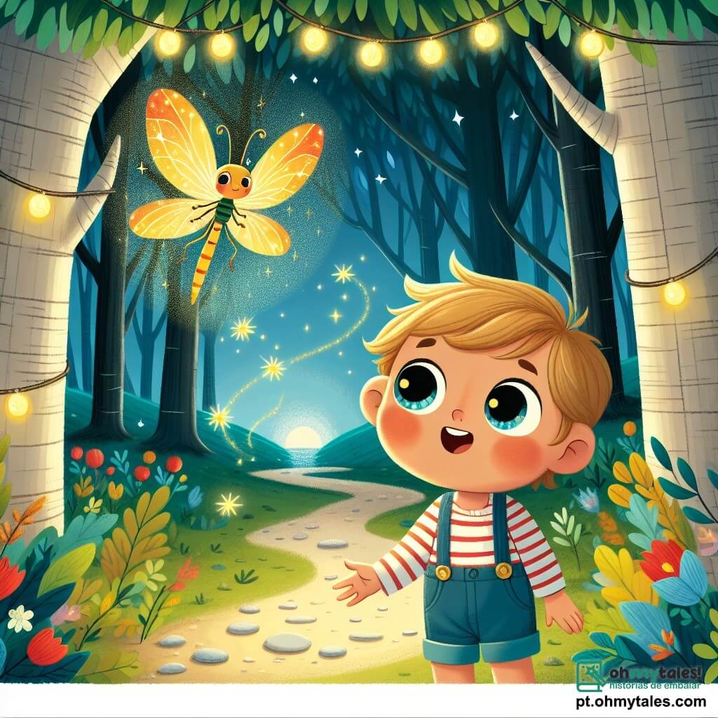 Um menino de 2 anos, Nino, com bochechas rosadas e olhos brilhantes como estrelas, está no centro da cena. Ele usa uma camisa listrada e um short de denim, seu rosto radiante de maravilha e curiosidade. Ao seu lado, um lindo vaga-lume dourado, brilhando como uma joia, voa ao seu redor, iluminando seu rosto alegre. O local é o Bosque das Luzes, um lugar encantador onde as árvores de troncos largos e retorcidos parecem sussurrar segredos. As folhas brilham em ouro e as flores coloridas dançam suavemente ao vento, criando uma atmosfera mágica. Nino, fascinado, segue o vaga-lume por um caminho coberto de folhas douradas, pronto para descobrir as maravilhas escondidas do bosque.