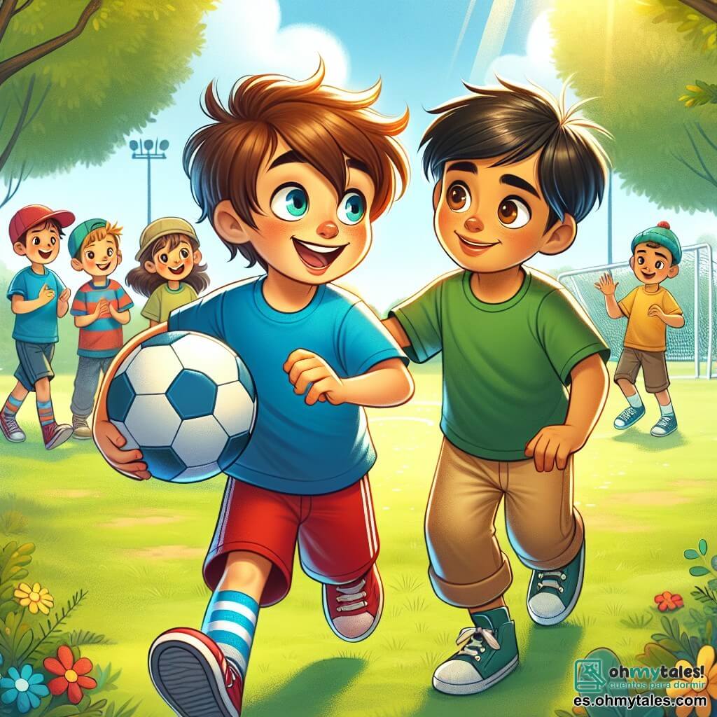 Un niño de 9 años, Lucas, con cabello castaño desordenado y ojos brillantes de curiosidad, sonríe alegremente mientras sostiene un balón de fútbol. Lleva una camiseta azul y un pantalón corto rojo, y corre hacia un grupo de niños para invitarlos a jugar. Junto a él, Amir, un niño de 9 años de origen sirio, con cabello negro y ojos marrones, se mantiene un poco al margen, con una sonrisa tímida en el rostro. Lleva una camiseta verde y un pantalón beige, y mira a Lucas con admiración, listo para unirse al juego. El escenario es un parque soleado, lleno de flores coloridas y árboles verdes, con un campo de fútbol en el centro donde juegan otros niños. La situación principal muestra a Lucas animando a Amir a unirse a ellos, ilustrando un momento de tolerancia y amistad, donde se celebran las diferencias y se invita a todos a participar en el juego.
