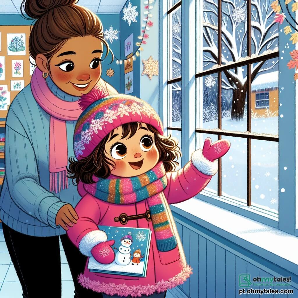 Uma menina de 4 anos, Sofia, com grandes olhos brilhantes e bochechas rosadas, está de pé diante de uma janela, maravilhada com a neve que cai suavemente. Ela usa um casaco rosa vibrante, um cachecol de lã colorido e luvas combinando, com seus cabelos castanhos cacheados aparecendo sob um gorro de tricô. Ao lado dela, a professora Ana, uma mulher na casa dos trinta com cabelos castanhos presos em um coque, sorri calorosamente enquanto segura um livro ilustrado sobre as maravilhas do inverno. Ela está vestida com um suéter azul e calças pretas, um pouco afastada para observar a expressão alegre de Sofia. O local é uma sala de aula iluminada, decorada com desenhos de inverno nas paredes, flocos de neve de papel pendurados no teto e uma grande janela com vista para uma paisagem nevada, onde as árvores estão cobertas por uma espessa camada de neve cintilante. A cena principal mostra Sofia, com os olhos brilhando de alegria, apontando para a neve que cai, enquanto a professora Ana a incentiva a compartilhar suas ideias sobre criaturas mágicas do inverno, criando uma atmosfera de descoberta e encantamento.