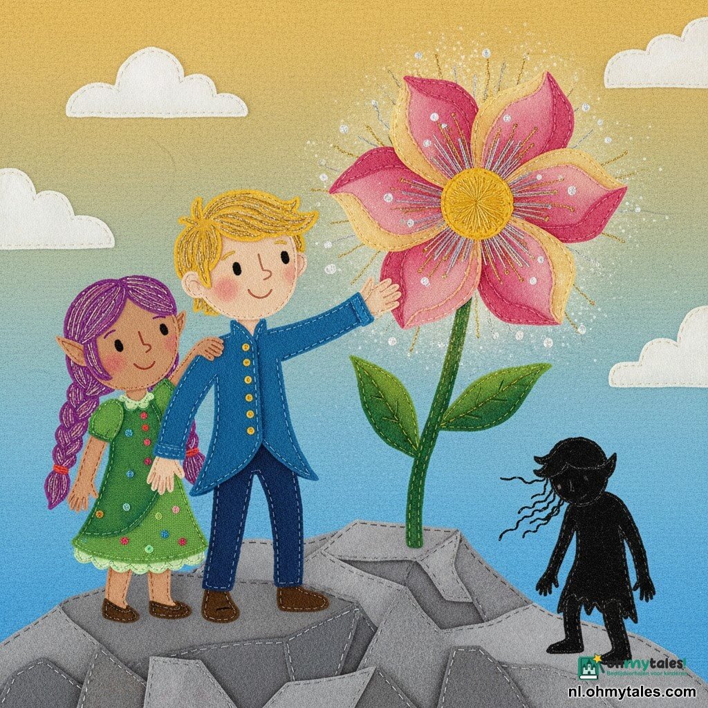 Prins Felix, ongeveer 8 jaar, rond gezicht en glanzend blond haar, moedige verwonderde blik, reikt naar een grote lichtgevende bloem; lijf van blauwe vilt met zichtbare naden en gouden knopen op zijn jasje. Lila, elfje van ongeveer 7 jaar met paarse vlechten en geruststellende glimlach, staat links van de prins met haar hand op zijn schouder, draagt een groene jurk met geborduurde stippen. De slechterik Zorak, volwassen man, donkere gestileerde silhouet rechtsachter, klein en vage, verslagen houding. De Bloem van Ware Liefde is groot met roze- en goudenblaadjes die glanzende draden lijken te hebben en een dicht geborduurd geel hart, lichtgevende gloed aangegeven met metaalachtige draad. De bergtop is eenvoudig en rotsachtig van grijs vilt met genaaide randen, enkele witte wattenwolken, lucht verloopt van lichtblauw naar goud. Warme sfeer, felle contrasterende kleuren, zichtbare texturen (vilt, borduurwerk, stiksels), zacht licht van de bloem. Compositie gecentreerd op de prins en de bloem, Lila links dicht bij hem, Zorak klein rechtsachter, eenvoudige kindvriendelijke perspectief.