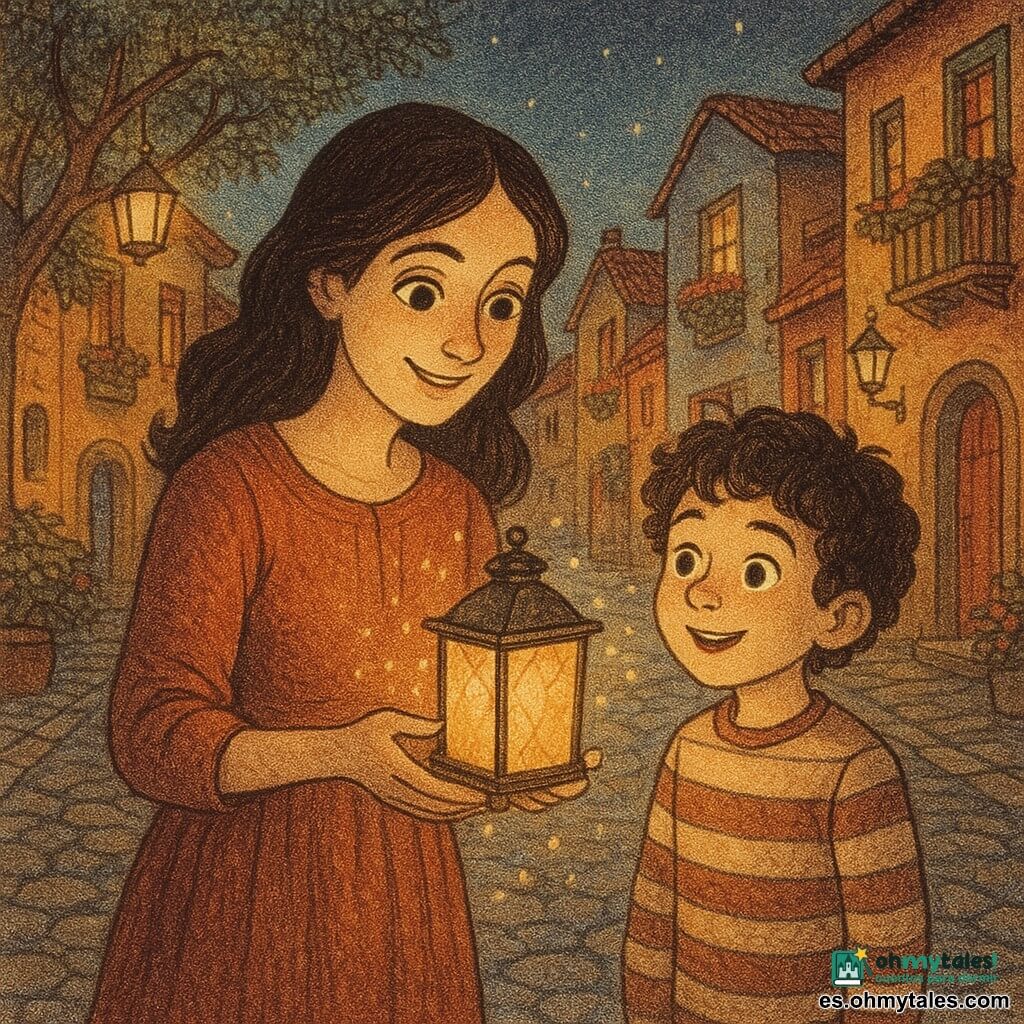 Una mujer con manos delicadas y ojos brillantes como lunas, llamada Elena, está de pie en una calle adoquinada. Ella está concentrada y sonriente, sosteniendo un farol brillante en sus manos. A su lado, un niño de unos 8 años, con una expresión de asombro, mira el farol. Tiene el cabello rizado y lleva un suéter a rayas. A su alrededor, el pueblo está animado con casas de fachadas coloridas y balcones adornados con flores. Faroles colgados de los árboles y balcones iluminan la escena con una suave luz dorada. La situación principal muestra a Elena ofreciendo un farol al niño, y la calle se ilumina con pequeñas luces mágicas, creando un ambiente cálido y de ensueño.