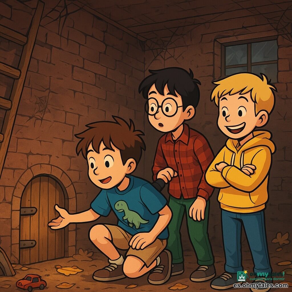 Hay 3 personajes: - Leo: un niño de 10 años, con el cabello castaño desordenado y ojos llenos de curiosidad. Lleva una camiseta azul con un dibujo de dinosaurio y un pantalón corto beige. Está agachado, examinando una pequeña puerta de madera oculta bajo una vieja escalera. - Raúl: un niño de 11 años, con gafas redondas y cabello negro. Lleva una camisa de cuadros rojos y un pantalón verde. Sostiene una linterna, iluminando la puerta con una mirada intrigada. Está justo detrás de Leo. - Tomás: un niño de 10 años, con cabello rubio y una gran sonrisa. Lleva una sudadera amarilla y jeans. Está de pie al lado de Raúl, con los brazos cruzados y una expresión entusiasta en su rostro. El lugar donde se desarrolla la situación principal es un viejo pasillo oscuro, con paredes de ladrillo rugoso cubiertas de telarañas. Una luz tenue filtra a través de una pequeña ventana polvorienta, revelando sombras misteriosas. En el suelo, hojas amarillentas y viejos juguetes olvidados están esparcidos, añadiendo un toque de aventura a la atmósfera. La situación principal de la historia muestra a los tres amigos descubriendo una puerta secreta bajo una escalera, llenos de emoción y curiosidad. Leo se inclina para examinarla, mientras Raúl ilumina la puerta con su linterna, y Tomás mira alrededor con una sonrisa, listo para explorar lo que hay detrás.