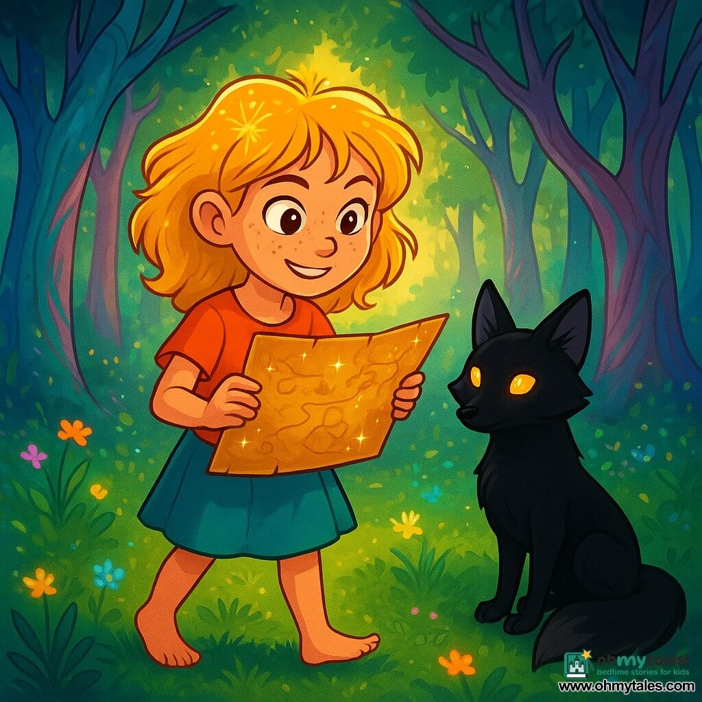 A 10-year-old girl named Eliza, with dandelion-blonde hair and freckles on her smiling face, stands at the edge of an enchanted clearing. She has sparkling eyes full of curiosity and a determined expression. She holds a shimmering ancient map in her hands, her bare feet brushing against the soft, fluffy grass. Next to her, a black fox with lantern-like bright eyes and sleek fur watches Eliza closely, ready to assist her on her adventure. The fox appears wise and mysterious, standing slightly back as if waiting for the right moment to intervene. The setting is a magical forest, where tall, twisted trees have trunks adorned with vibrant colors like turquoise and purple. Luminous flowers grow among the roots, and soft melodies float in the air, creating a fairy-tale atmosphere. The main scene shows Eliza, full of enthusiasm, ready to venture into the Forest of Forgotten Songs, where she must sing to move forward. The golden sunlight filters through the leaves, illuminating her determined face and the mysterious path ahead.