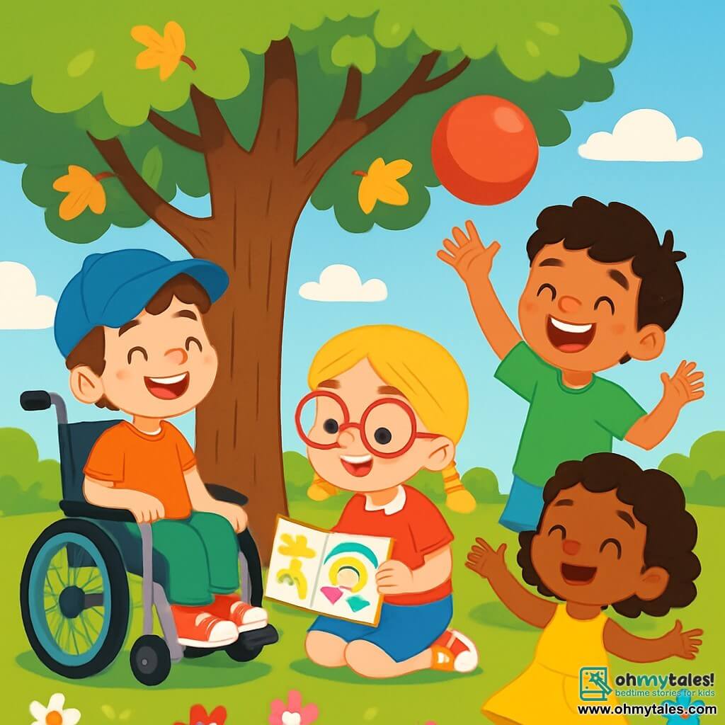 There are 4 children: - Sam: an 8-year-old boy with brown hair and a big smile. He is sitting in his wheelchair, wearing a blue cap, and looking at his friends with sparkling eyes. - Mia: a 7-year-old girl with red glasses and blonde hair in braids. She is crouched next to Sam, holding a drawing pad filled with bright colors. - Rafael: an 8-year-old boy with black hair and freckles. He is standing, throwing a red balloon in the air with a big smile. - Lily: a 7-year-old girl with curly hair and a yellow dress. She is joyfully dancing around Sam and Mia, singing a friendship song. The setting takes place under a large maple tree with green and golden leaves in a bright park on Rainbow Street. The ground is covered with green grass and colorful flowers, and the sky is blue with a few white clouds. The main scene shows the children playing together, laughing, and sharing moments of happiness. Sam, although in his wheelchair, is surrounded by his friends who include him in their games, creating a warm and friendly atmosphere.