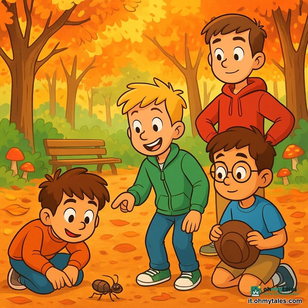 Ci sono quattro bambini: Luca, un ragazzo di 7 anni con capelli castani disordinati e occhi brillanti, indossa un maglione arancione e jeans, accovacciato a osservare una piccola formica. Matteo, anche lui di 7 anni, ha capelli biondi e un grande sorriso, è in piedi accanto a Luca e indica la formica con un dito curioso, indossando una giacca verde e scarpe da ginnastica. Omar, un altro ragazzo di 7 anni con capelli neri e occhiali rotondi, è leggermente in disparte, tiene il cappello in mano con uno sguardo ammirato, indossa una maglietta blu e pantaloni corti. Paolo, un ragazzo di 8 anni con capelli castani e un volto serio ma amichevole, è in piedi dietro gli altri con le mani sui fianchi, osservando attentamente, indossando una felpa rossa e pantaloni beige. Il luogo è una foresta autunnale con alberi dalle foglie dorate, arancioni e rosse che cadono dolcemente. Il sentiero è coperto di foglie croccanti, e il sole filtra tra i rami, creando ombre danzanti. I quattro bambini sono affascinati da una formica che trasporta un grosso seme, tutti piegati in avanti con gli occhi pieni di meraviglia mentre la formica zigzagueggia sul sentiero, creando un'atmosfera di curiosità e amicizia.