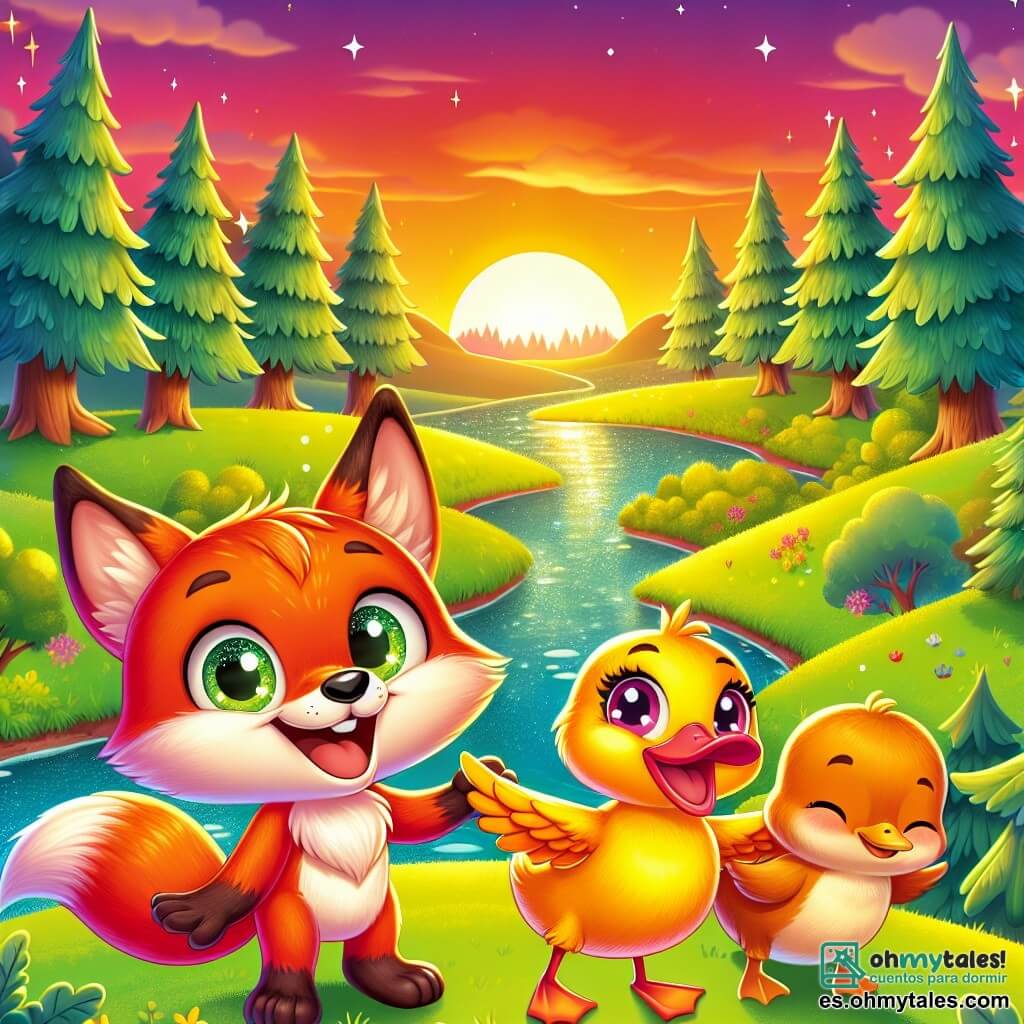 Un pequeño zorro de pelaje naranja brillante, con grandes ojos chispeantes de curiosidad y una sonrisa alegre, está de pie en una colina verde, mirando un hermoso atardecer que ilumina el cielo con colores rosas y dorados. A su lado, un pato de plumas amarillas brillantes, con una mirada amistosa y alas ligeramente abiertas, vuela alegremente, expresando gran emoción. Un oso marrón, con un rostro dulce y sonriente, se encuentra un poco atrás, con los brazos cruzados, mostrando una expresión de felicidad y satisfacción mientras observa a sus amigos con orgullo. El lugar es una colina que domina un vasto paisaje de bosque encantado, donde los majestuosos árboles se alzan, sus hojas brillando bajo los rayos del sol poniente, y un arroyo reluciente serpentea abajo, añadiendo un toque de magia a la escena. La situación principal muestra a los tres amigos celebrando su amistad, disfrutando del momento juntos, con risas y gestos alegres, simbolizando la belleza de los lazos que han tejido a lo largo de sus aventuras.