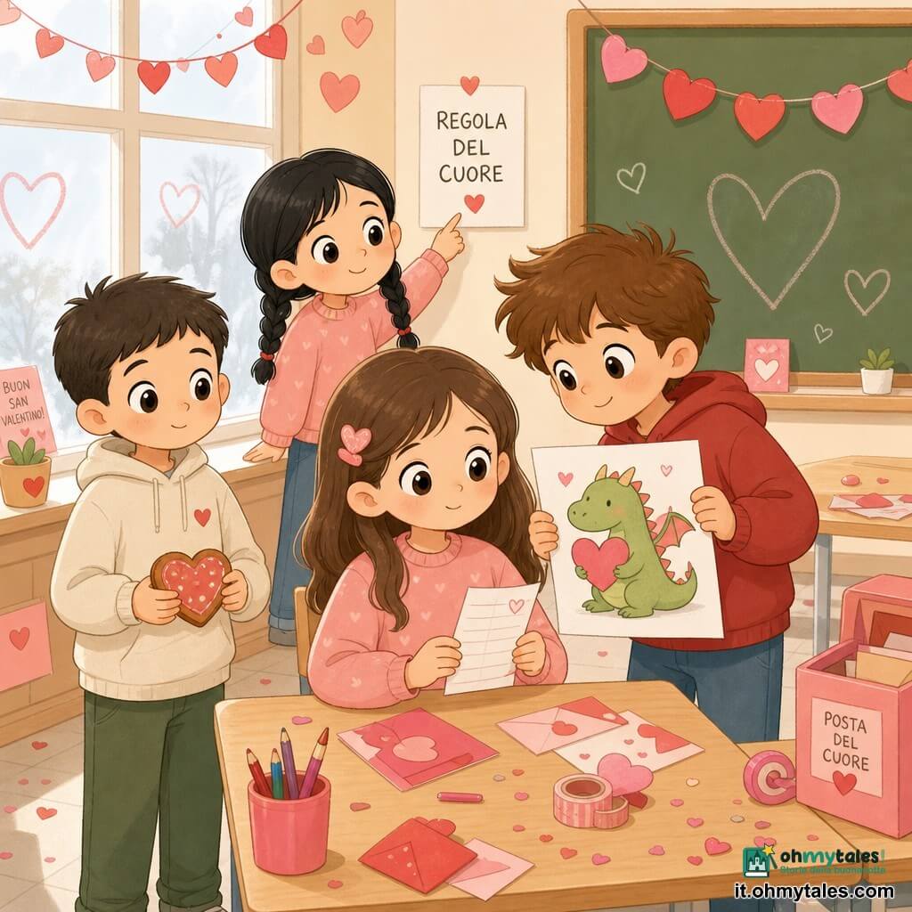 Ragazzina di 10 anni, Arianna, viso rotondo, occhi grandi e brillanti, espressione dolce e concentrata, leggermente timida ma serena, seduta a un banco di legno chiaro mentre tiene una lista di carta piegata con un piccolo cuore; ragazzo di ~10 anni, Tommaso, capelli castani corti spettinati e sorriso malizioso ma affettuoso, in piedi a destra di Arianna che le mostra un disegno di un drago che tiene un cuore; ragazzina di ~10 anni, Lila, capelli neri in treccia e sguardo ridanciano, in piedi dietro Arianna che indica un piccolo cartello “REGOLA DEL CUORE” appeso al muro; ragazzo di ~10 anni, Luca, taglio corto, aria riservata ma tranquilla, a sinistra di Arianna vicino a un muretto interno che tiene un biscotto a forma di cuore; classe luminosa con grandi finestre appannate, pareti decorate con ghirlande e cuori di carta rossi e rosa, banchi bassi in legno, nastro e coriandoli a terra, una lavagna verde sullo sfondo; situazione: momento caldo e tranquillo di preparazione per la festa di San Valentino, i bambini scambiano piccoli gesti d'amicizia e mostrano disegni e biscotti, atmosfera accogliente con colori pastello (rosa cipria, rosso tenue, beige), linee semplici e ombre morbide.