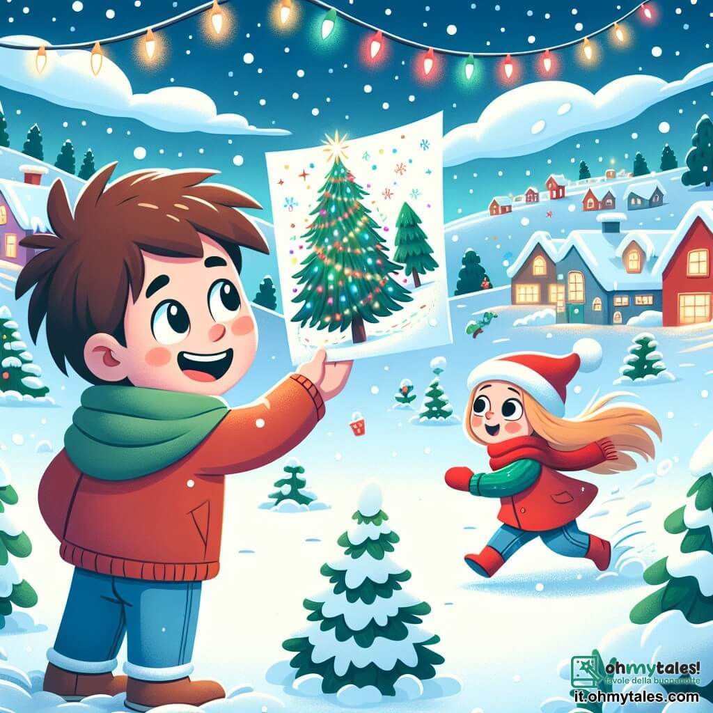 Un ragazzino di 7 anni di nome Leo, con capelli castani arruffati e un grande sorriso, si trova al centro dell'immagine, tenendo un disegno colorato di un albero di Natale. Alla sua destra, sua madre, una donna di circa 30 anni con capelli lunghi e biondi, indossa un cappotto rosso e guarda Leo con occhi meravigliati. Sullo sfondo, si estende un incantevole paesaggio invernale: case coperte di neve scintillante, abeti verdi decorati con luci, e un cielo azzurro chiaro punteggiato da fiocchi di neve che cadono. La scena principale mostra Leo che corre felicemente nella neve, con il suo disegno che vola al vento, mentre cerca di raggiungerlo, creando un'atmosfera di magia e avventura natalizia.