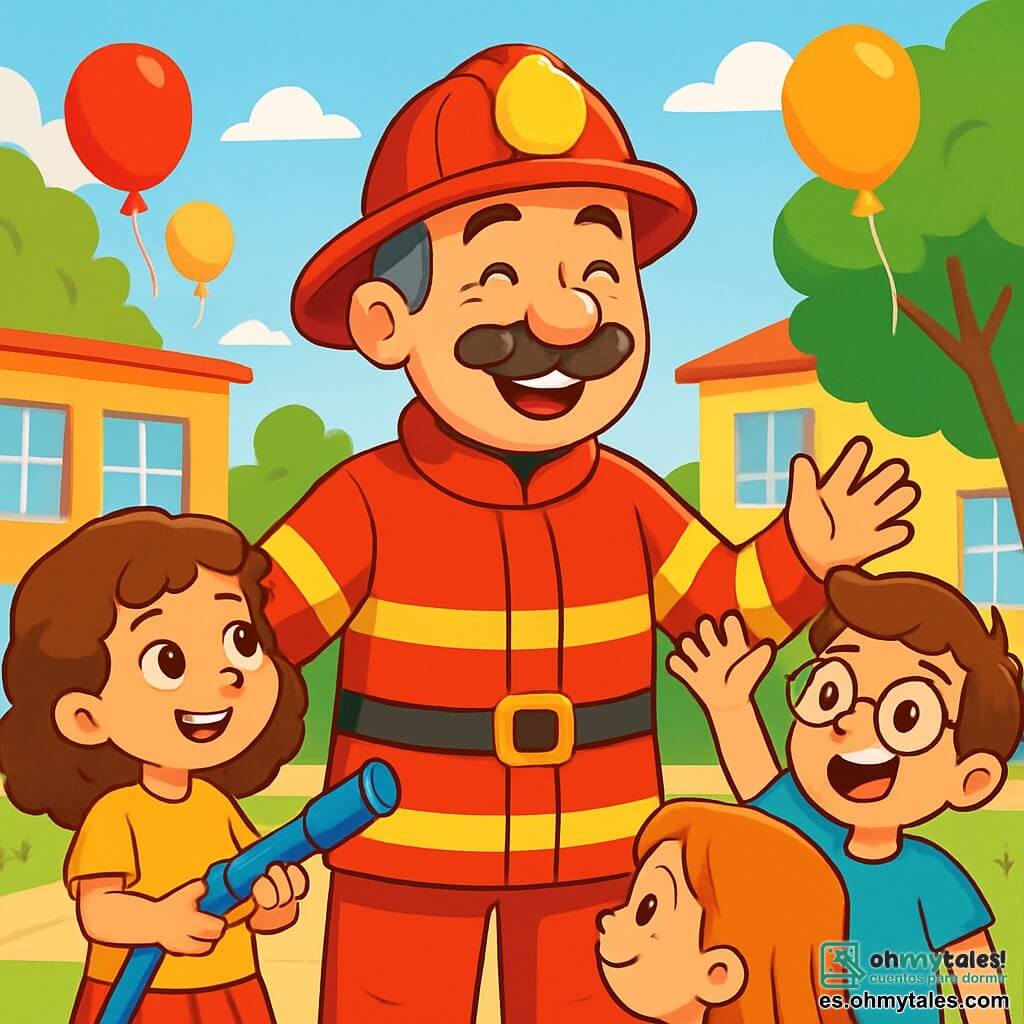 Don Mateo, un hombre de mediana edad con una gran sonrisa cálida y un bigote risueño, lleva un uniforme de bombero rojo brillante. Está de pie, con los brazos abiertos, rodeado de niños maravillados. Sofía, una niña de 7 años con cabello rizado y ojos brillantes, sostiene una pequeña manguera de juguete, mirando a Don Mateo con admiración. Lucas, un niño de 8 años con gafas y una camiseta azul, levanta la mano exclamando de alegría, mientras se encuentra a su lado. La escena tiene lugar en el patio de una escuela soleada, rodeada de edificios coloridos y grandes árboles verdes. Globos rojos y amarillos flotan en el aire, añadiendo un toque festivo a la atmósfera. Don Mateo explica a los niños cómo ser bombero, con un aire entusiasta y amigable, mientras los niños escuchan atentamente, cautivados por sus historias y gestos expresivos.