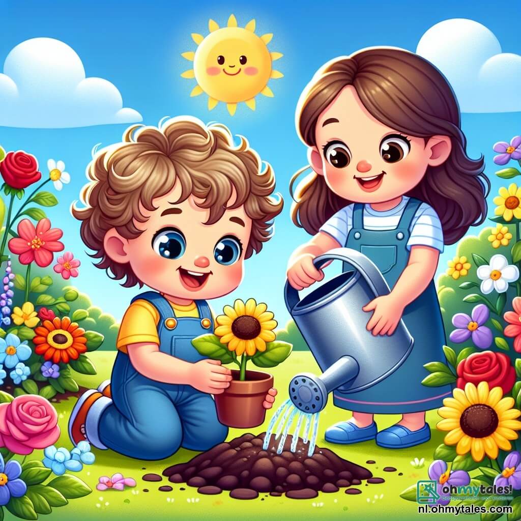 Een jongetje van 2 jaar met krullend haar en sprankelende ogen is bloemen aan het planten in een zonnige tuin. Hij draagt een blauwe overall en een gele t-shirt, en zijn gezicht straalt vreugde en concentratie uit. Zijn moeder, een vrouw van ongeveer 30 jaar met lang bruin haar, glimlacht terwijl ze hem observeert met een gieter in de hand. Ze staat naast hem in de tuin, klaar om te helpen. De tuin is gevuld met kleurrijke bloemen, zoals rode rozen, gele zonnebloemen en paarse viooltjes. De lucht is blauw en helder, en de zon schijnt, wat een vrolijke en zomerse sfeer creëert. In deze scène is het jongetje druk bezig een klein gaatje in de grond te graven om een nieuwe bloem te planten, terwijl zijn moeder hem aanmoedigt met een vriendelijke glimlach.