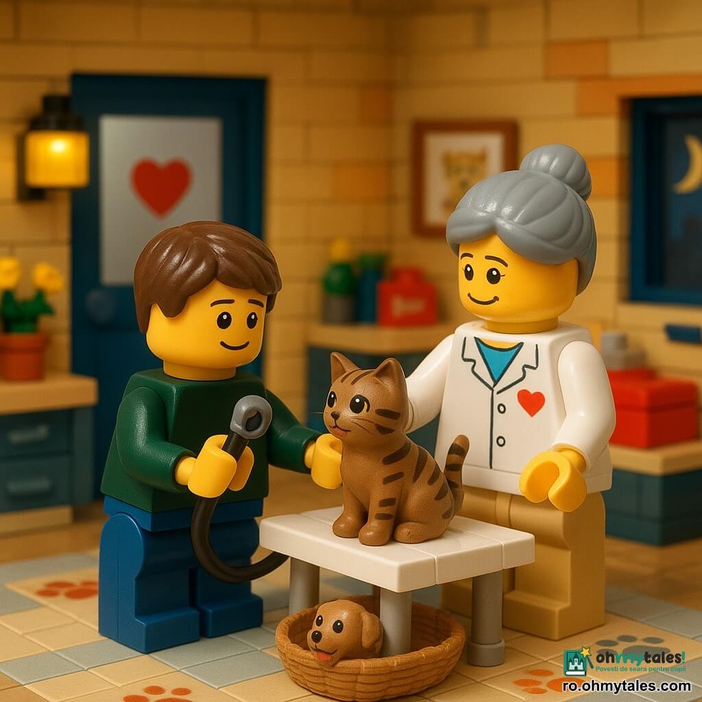 Un tânăr (~18 ani) cu păr castaniu scurt, zâmbet timid şi privire curioasă, genunchiuit lângă o masă de examinare LEGO ţinând un mic stetoscop din plastic; o veterinară (~40 ani) cu păr gri prins în coc, halat alb cu broderie în formă de inimă, stând în dreapta lui şi arătându-i cum să ţină stetoscopul; o pisică tigrată LEGO miaunând pe masă, urechi uşor plecate şi ochi strălucitori; un căţeluş LEGO maro-deschis culcat într-un coş miniatural la picioarele mesei, dând din coadă; în fundal intrarea clinicii cu uşă de lemn vopsită albastru şi inimă pe geam, semilună; interior cu rafturi şi borcane colorate, trusă medicală roşie, postere şi covoraş cu urme; culori vii, textură de cărămizi vizibilă, iluminare caldă; scenă tandră şi liniştită în care tânărul învaţă să ajute veterinarul la examinarea pisicii, compoziţie centrată, dioramă LEGO detaliată, unghiuri clare şi aspect luminos, copilăros, culori saturate.