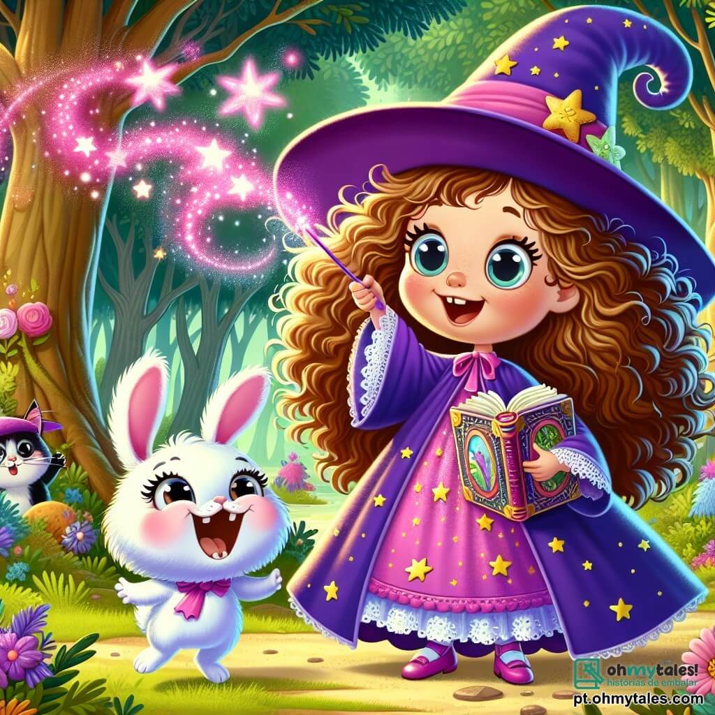 No centro da imagem, uma jovem bruxa chamada Lúcia, de cerca de 10 anos, sorri amplamente. Ela tem cabelos cacheados e crespos, de cor castanho claro, e usa um vestido roxo decorado com estrelas brilhantes. Em uma mão, segura um livro antigo com páginas coloridas, enquanto na outra agita uma varinha mágica que emite faíscas luminosas. Ao seu lado, Bolinha, seu adorável gato que se transformou em um pequeno dragão cor-de-rosa, bate as asas e solta bolhas de fumaça rosa, com um ar alegre e travesso. Um pouco mais longe, Maricota, uma coelha branca vaidosa, observa a cena com olhos arregalados, pronta para pular de alegria. O cenário se passa em uma floresta encantada, com árvores altas e majestosas, folhas brilhando em mil cores, flores cantantes e cogumelos multicoloridos no chão, sob um céu azul claro que deixa passar raios de sol dourados. A cena principal mostra Lúcia realizando um feitiço mágico, cercada por seus amigos, enquanto uma nuvem de fumaça rosa se eleva ao redor deles, criando uma atmosfera de festa e risos. Os animais da floresta, curiosos, se aproximam para observar a magia, adicionando vida e mistério à cena.
