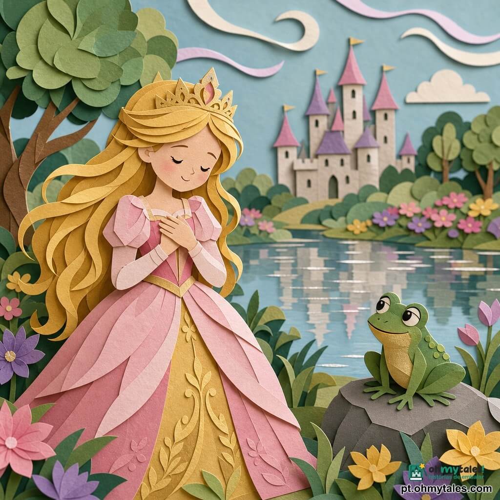 Princesa de cerca de 8 anos, cabelos loiros longos em tiras de papel, vestido rosa-pálido e dourado com texturas recortadas, rosto sereno e sorriso suave, mãos sobre o peito como se escutasse o coração; uma pequena rã verde brilhante, postura alegre, olhos redondos expressivos, sentada numa pedra à direita da princesa, olhando para ela com cumplicidade; fundo: lago espelhado calmo com reflexos em papel prateado, margens floridas multicoloridas em camadas recortadas, árvores com folhas de formas simples e vento estilizado em tiras; ao longe, castelo claro de papel com torres pontiagudas e janelas tortas, levemente desfocado; cena íntima e tranquila centrada na ligação entre a princesa e a rã, cores suaves e contrastes nítidos do estilo papel recortado.