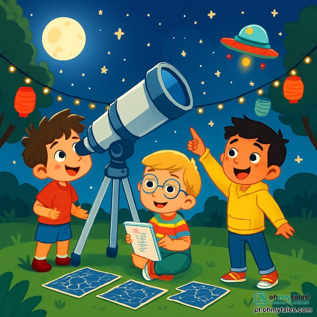 Há 3 personagens: Lucas, um menino de 5 anos com cabelo castanho bagunçado e olhos curiosos, vestido com uma camiseta vermelha e um short azul, está em pé olhando maravilhado através de um grande telescópio; Tiago, também de 5 anos, com cabelo loiro e óculos redondos, usa uma camisa listrada colorida e calças verdes, sentado na grama com um caderno de anotações pronto para desenhar o que vê no céu; Pedro, com cabelo negro e sardas, veste um moletom amarelo e jeans, está ao lado de Lucas apontando para um objeto brilhante no céu com um grande sorriso. O cenário é um vasto campo verde iluminado pela luz suave da lua, repleto de estrelas cintilantes, com um grande telescópio no centro e mapas de constelações espalhados pela grama, além de lanternas coloridas penduradas nas árvores, criando uma atmosfera mágica. Os três amigos estão fascinados por um objeto misterioso no céu, uma pequena nave espacial brilhante que emite luzes coloridas, enquanto descobrem juntos uma mensagem de amizade de uma civilização extraterrestre, cheios de excitação e encantamento.