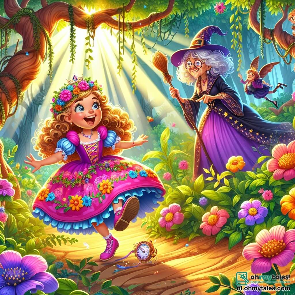 Prinses Pien, een jong meisje met krullend, goudkleurig haar, draagt een stralende roze jurk met kleurrijke bloemenmotieven. Ze heeft een ondeugende glimlach op haar gezicht, met sprankelende ogen van opwinding terwijl ze over haar eigen veters struikelt in de jungle. Naast haar staat heks Wilhelmina, een oudere vrouw met rommelig grijs haar, gekleed in een paarse jurk versierd met fonkelende sterren. Ze vliegt op haar bezem, lachend terwijl ze met haar vinger naar een grappige kokosnoot wijst die op de grond danst. De achtergrond is een weelderige jungle, vol met grote bomen met kromme stammen, kleurrijke bloemen en hangende lianen. Stralen zonlicht doorbreken het loof, wat een magische en speelse sfeer creëert. De hoofdscène toont Pien die in lachen uitbarst, terwijl ze probeert haar kroon te vangen die over de grond rolt, terwijl Wilhelmina zich vermaakt met het laten dansen van de kokosnoot, wat een vleugje gekte toevoegt aan deze betoverde scène.