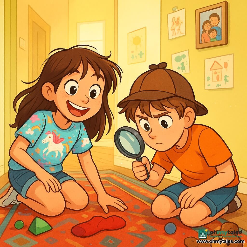 A 12-year-old girl, Ellie, with messy long brown hair, a big joyful smile, and sparkling excited eyes, is crouching near an old rug in a hallway. She wears a colorful t-shirt with unicorn patterns and denim shorts. Next to her, her 11-year-old brother Charlie, with tousled brown hair and a slightly tilted detective hat, watches intently, holding a magnifying glass in his hand. The hallway is bright, with pastel yellow walls decorated with children's drawings and family photos. A colorful rug covers the floor, and soft light filters through a window, creating a warm and welcoming atmosphere. The main scene shows Ellie and Charlie in the middle of an investigation, laughing and searching for a lost sock, surrounded by scattered toys and dust in the air, capturing the spirit of adventure and sibling closeness.