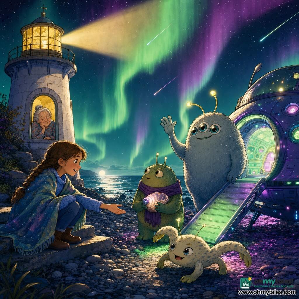 A 10-year-old girl, Maya, amazed and smiling with braided brown hair, a blue sweater and a blanket around her shoulders, crouches on the stone steps of a lighthouse reaching toward a small glowing saucer; an about-70-year-old grandmother with a wrinkled face and gray hair in a bun, wearing a floral dress, is asleep at the lighthouse window in the background; three aliens—Plip, large and round with silver fur, three glowing eyes and twinkling yellow antennae waving near the saucer ramp; Zango, stockier with a purple scarf holding a shell-shaped glowing device and looking curiously at the lighthouse; and Tritt, small, springy, pale spotted fur and thin antennae imitating a crab on the sand beside Maya—stand on a dark pebble beach by a silver sea before a white stone lighthouse with a golden lantern beam under a green-and-purple night sky streaked with auroras; a small round saucer sits on the sand with its ramp deployed, casting green and purple light on the pebbles, creating a warm, curious first-contact scene of discovery and friendship.