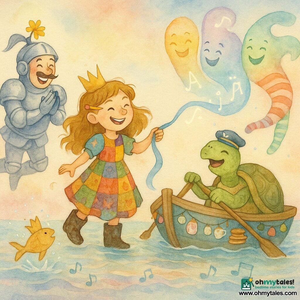 Princess Marigold, a mischievous smiling girl holding a pale blue ribbon, muddy boots, patchwork dress and a pencil behind her ear, stands in a tiny painted wooden boat rowed by Captain Tuck, a wise fat turtle with a small captain's hat; Sir Bumblebee, a young mustachioed knight in shiny armor with a big flower on his helmet, floats nearby applauding; the Choir of Wind are translucent colorful breaths wearing polka-dot and striped socks that form sails, the Lake of Laughter shimmers in pastel hues with musical-note waves and crowned fish splashing, the boat is decorated with hanging teacups, stacked biscuits and a paper-lamp garland, and the princess sends the ribbon flying in glittering letters toward the Choir while everyone laughs, the captain calms the waves and Sir Bumblebee applauds, a joyful, whimsical scene of vivid colors.
