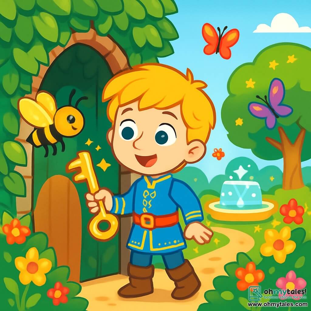 A young prince, Leo, around 10 years old, stands in the center of the image with shiny golden hair and a delighted smile. He wears a blue tunic adorned with golden patterns and leather boots. His eyes sparkle with curiosity and excitement as he holds a shimmering key in his hand. Beside him, a small bee named Buzzy, with golden wings and a black and yellow striped body, joyfully flies around him, adding dynamism to the scene. In the background, an enchanting garden stretches as far as the eye can see, filled with vibrant flowers, tall trees with shimmering leaves, and a sparkling fountain at the center, where the water shines like stars. Colorful butterflies dance in the air, creating a magical atmosphere. The main situation shows Prince Leo discovering a secret door hidden behind a curtain of ivy, his face lit up by the discovery. He is ready to enter the enchanted garden, where wonders await him.