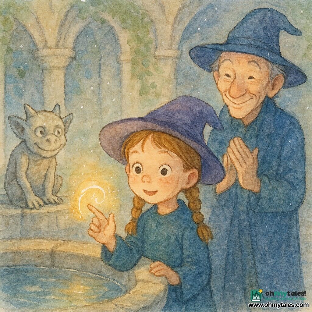 Lila, a five-year-old apprentice witch with a round freckled face, bright wide eyes and light brown hair in two braids, looks amazed and focused as she raises her left hand and makes a small circular gesture, producing a warm golden glow at her fingertips; behind her to the right stands the slim adult Illusion Master with a smile-lined face, a night-blue coat and slightly dented hat, hands clasped as if softly applauding; to the left on the fountain edge sits Pip, a small carved stone gargoyle with a grey textured surface and subtly carved mischievous eyes, watching the light; an ancient stone fountain at the center with calm water reflecting the glow, worn mosaic, cloister columns and ivy-covered stone walls in the background, faint motes of light in the air—a gentle magical moment bathing the scene in warm serenity and subtle contrast between cool stone and golden light.