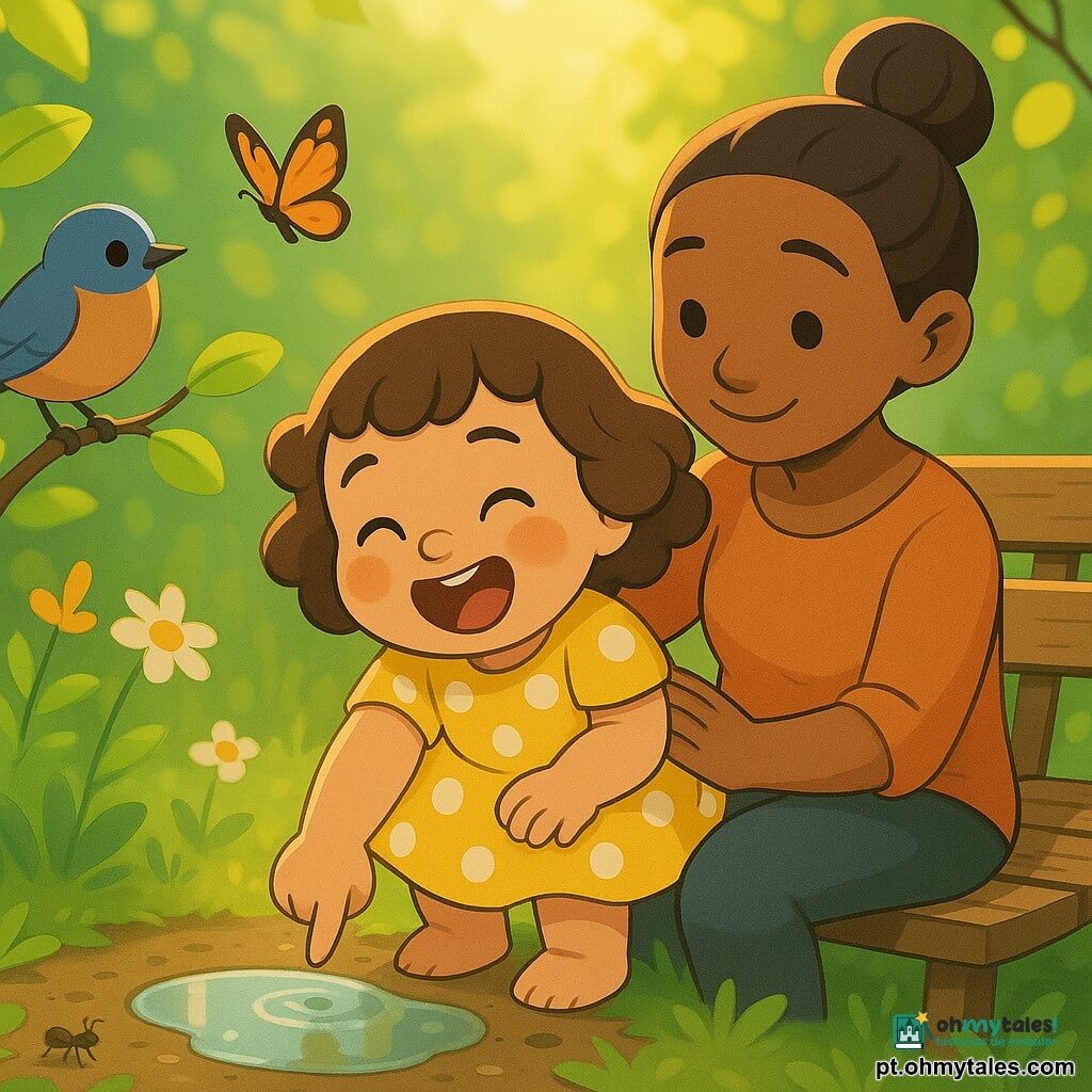 Uma menina de 2 anos, alegre e maravilhada, de bochechas redondas e cabelos castanhos encaracolados curtos, veste um vestido amarelo de bolinhas brancas e toca com a ponta do dedo uma pequena poça d'água enquanto ri; a mãe, cerca de 30 anos, de rosto doce e sorriso terno, cabelo preso em coque, segura a menina no colo sentada num banco de madeira à direita e a observa com carinho; à esquerda, um pequeno pássaro marrom-azulado pousa numa rama baixa e inclina a cabeça como se cantasse, uma formiga preta caminha na borda da poça e uma borboleta laranja e preta voa sobre flores; jardim de primavera iluminado com relva verde fresca, flores amarelas e brancas, folhas brilhantes e luz solar filtrada, terra ligeiramente húmida e uma poça refletindo; cena calma e doce de descoberta com luz quente, texturas húmidas, cores vivas, gestos lentos e curiosos, em estilo 3D cartoon cel-shading, cores saturadas, contornos nítidos e iluminação matinal.