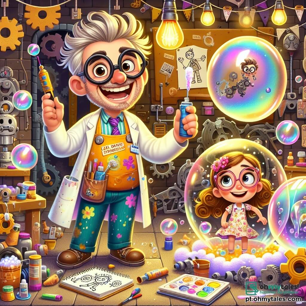 O personagem principal, o Senhor Pinguim, é um homem alegre com óculos redondos e cabelos desgrenhados. Ele usa um avental colorido, cheio de manchas de tinta, e exibe um grande sorriso de entusiasmo enquanto apresenta sua máquina de bolhas de sabão. Ao seu lado, Lila, uma menina de 8 anos com cabelos cacheados e um vestido florido, observa maravilhada as bolhas gigantes que flutuam ao seu redor. Ela segura um caderno de esboços nas mãos, pronta para desenhar suas ideias. Um pouco mais adiante, João, um menino de 9 anos com cabelos castanhos e óculos, se prepara para fazer seu robô dançar, com uma expressão concentrada e animada. A cena se passa em um ateliê mágico, cheio de ferramentas brilhantes, peças mecânicas coloridas e desenhos pendurados nas paredes. Engrenagens e lâmpadas cintilantes adicionam um toque de fantasia ao ambiente, enquanto bolhas de sabão flutuam no ar, criando uma atmosfera alegre e criativa. A situação principal mostra o Senhor Pinguim puxando a alavanca de sua máquina de bolhas, enquanto Lila e João, deslumbrados, se aproximam para ver as bolhas gigantes subindo ao céu, simbolizando a imaginação e a criatividade ganhando vida neste ateliê de invenção.