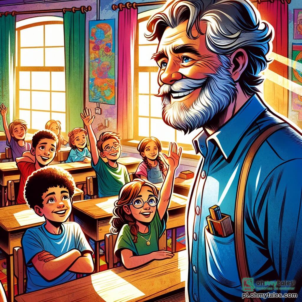 Um homem idoso, com cabelos grisalhos e uma barba bem cuidada, está em pé no centro do palco, um sorriso caloroso iluminando seu rosto bondoso. Ele usa uma camisa azul e um chapéu de palha, segurando uma pequena caixa de madeira nas mãos, olhando emocionado para um grupo de crianças ao seu redor. Entre as crianças, uma menina de 10 anos, com cabelos castanhos e cacheados, levanta a mão com curiosidade, seus olhos brilhando de entusiasmo. Ao lado dela, um menino de 9 anos, com óculos e uma camiseta vermelha, escuta atentamente, um leve sorriso nos lábios. A cena ocorre em uma sala de aula iluminada, com paredes decoradas com desenhos de crianças, janelas deixando entrar a luz do sol e mesas de madeira bem organizadas. O homem compartilha histórias de paz com as crianças, enquanto elas se sentam em círculo ao seu redor, cativadas por suas palavras e objetos simbólicos, criando uma atmosfera de escuta e aprendizado.