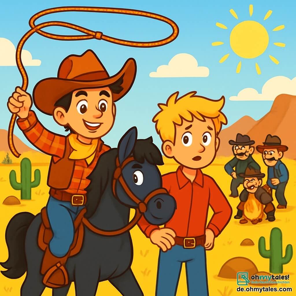 Ein junger Cowboy, Billy, etwa 20 Jahre alt, mit einem breiten Cowboyhut, einem selbstbewussten Lächeln und funkelnden Augen, reitet auf seinem schwarzen Pferd namens Blitz. Er trägt ein rotes kariertes Hemd und eine Lederweste und schwingt entschlossen ein Lasso, bereit für das Abenteuer. Neben ihm steht sein bester Freund Sam, 19 Jahre alt, mit zerzausten blonden Haaren und einem besorgten Gesichtsausdruck, der aufmerksam die Banditen in der Ferne beobachtet, die Hände in die Hüften gestützt, bereit Billy zu unterstützen. Die Szenerie spielt in einer weiten goldenen Prärie, gespickt mit grünen Kakteen und braunen Felsen, unter einem strahlend blauen Himmel, wo die Sonne intensiv scheint. In der Ferne zeichnen sich majestätische Berge am Horizont ab. Die Hauptsituation zeigt Billy und Sam, die einen mutigen Plan ausarbeiten, um gestohlene Tiere zu retten, während die Banditen, bedrohlich aussehende Männer, um ein Lagerfeuer lachen, ohne sich der Gefahr bewusst zu sein, die sie bedroht.
