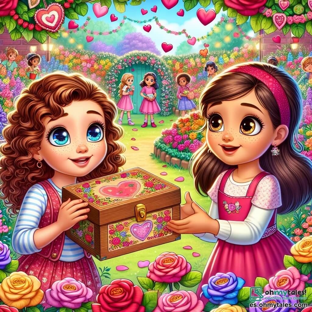 Una niña de 11 años, Ana, con largos cabellos rizados y ojos brillantes, está de pie en el centro de un jardín colorido, rodeada de flores vibrantes de todos los colores. Tiene una gran sonrisa en el rostro, mostrando su emoción y curiosidad, sosteniendo una pequeña caja de madera decorada con corazones en sus manos. Junto a ella, su mejor amiga Clara, también de 11 años, con cabello liso y castaño recogido en una coleta, mira con asombro la caja. Clara lleva un vestido rosa y tiene pecas en la nariz, pareciendo ansiosa por descubrir el contenido de la caja. El jardín está lleno de flores vibrantes, pétalos de rosa esparcidos por el suelo y guirnaldas de corazones colgadas de los árboles, creando un ambiente festivo y alegre. En el fondo, niños juegan y ríen, añadiendo a la atmósfera de celebración. La escena principal muestra a Ana y Clara descubriendo un misterioso tesoro de San Valentín, simbolizando la amistad y la aventura, mientras están en medio del jardín, listas para resolver el misterio juntas.