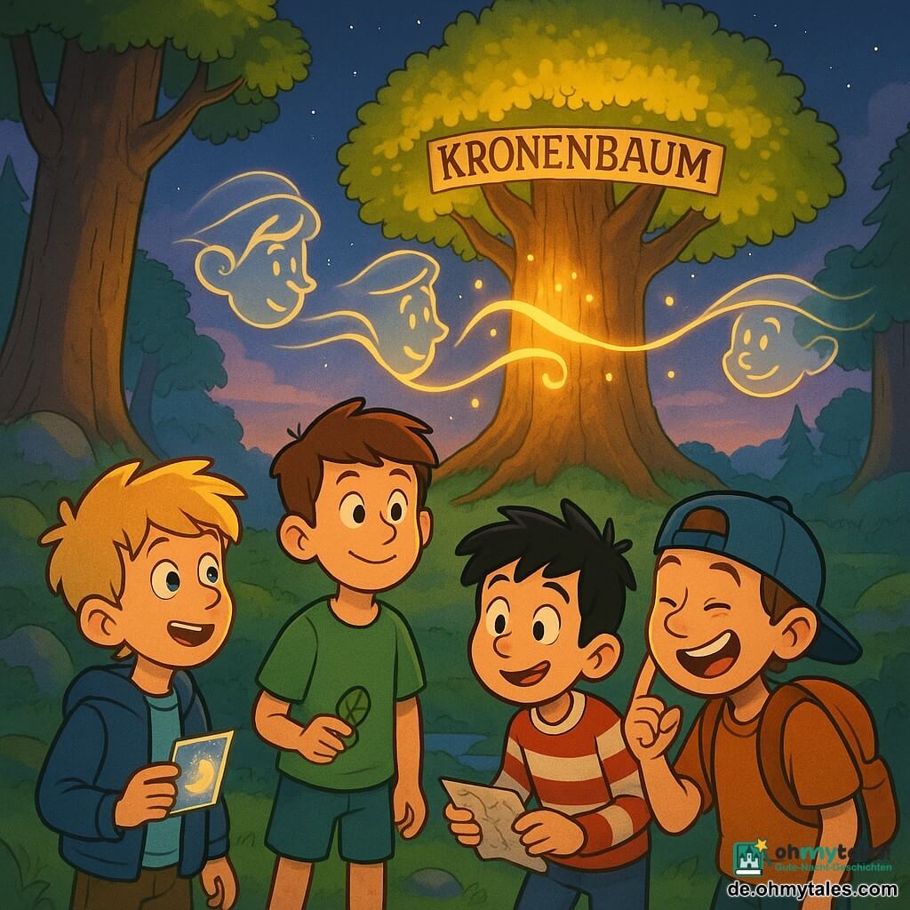 Vier neunjährige Jungen stehen auf einem Hügel vor dem riesigen Kronenbaum: links vorn ein blonder Junge mit zerzausten Strähnen und blauer Jacke, der in der rechten Hand eine schimmernde „Mondlicht“-Karte hält und staunend zum Baum blickt; vorne rechts ein kastanienhaariger Junge mit Rückwärtskappe, orangeem Rucksack und verschmitztem Lachen, der einen leuchtenden Punkt auf seiner Stirn betrachtet; mittig-links ein brünetter Junge mit kurzem Haar und grünem T‑Shirt, der einen blattförmigen Kompass hält und selbstbewusst wirkt; mittig-rechts ein schwarzhaariger Junge mit rot-weiß gestreiftem Pullover, der ein zerknittertes Papierstück dem Rest zeigt. Um sie herum eine moosige Lichtung mit alten Baumstämmen, leichter Nebel und eine kleine Flussrinne; im Zentrum der Baum mit turmstarkem Stamm und goldglänzender Krone, aus der leuchtende Tropfen schweben. Ein windspiegel aus bewegten Lichtbändern nimmt kurz ihre Gesichter an; ihre Mienen sind voller Staunen und Zärtlichkeit, warmes Licht fällt auf ihre Gesichter, die Szene in gesättigten Farben und klaren Konturen im 2D-Cartoon-Stil.