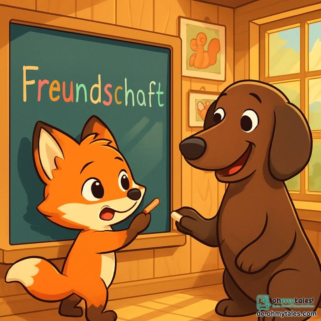 Ein kleiner roter Fuchs namens Felix, mit funkelnden Augen und glänzendem Fell, steht vor einer großen Tafel, konzentriert aber etwas nervös. Er versucht, das Wort "Freundschaft" mit einer bunten Kreide zu schreiben, seine kleinen Pfoten zittern leicht vor Aufregung. Neben ihm lächelt ein dicker Dachs namens Dorian, der warmherzig ist und ihn ermutigt, während er eine Kreide in seiner Pfote hält und bereit ist zu helfen. Die Szene spielt in einem Waldmuseum mit natürlichen Holzwänden, Illustrationen von Flora und Fauna und Sonnenstrahlen, die durch große Fenster strahlen und die Szene in goldenes Licht tauchen. Im Hintergrund beobachten andere Tiere, wie Eichhörnchen und Eulen, neugierig und verleihen der Umgebung Leben. Felix und Dorian arbeiten gemeinsam an der Tafel, vereint in ihrem Bemühen zu schreiben, was die Zusammenarbeit und Freundschaft symbolisiert. Die Atmosphäre ist fröhlich und voller Begeisterung, was die Bedeutung von Freundschaft und Zusammenarbeit verdeutlicht.