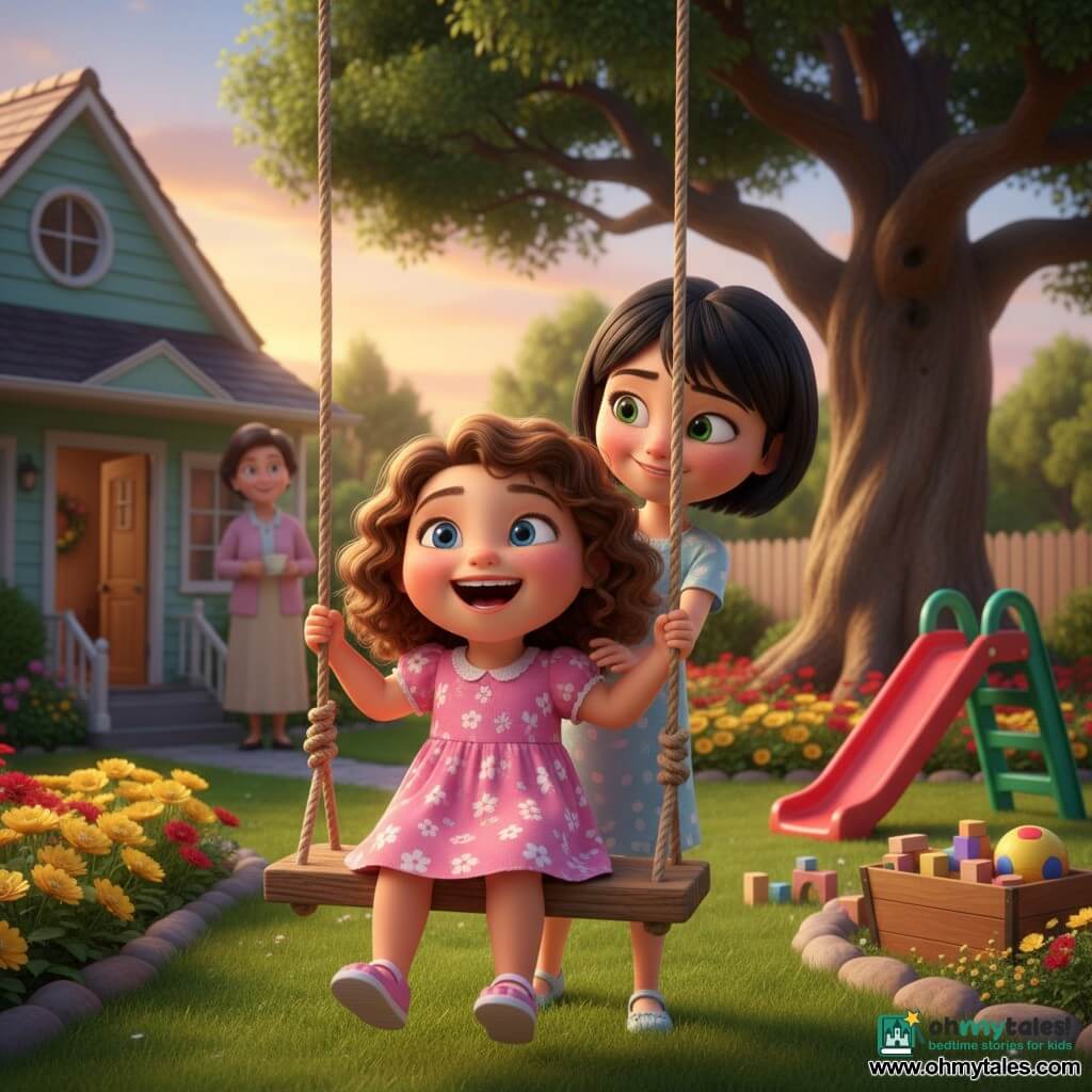 Four-year-old Lily, happy and playful with curly brown hair and sparkling blue eyes, sits on a wooden swing in a pink dress with white flowers, holding the rope; about five-year-old Mia, shy then reassured, with short black hair, bright green eyes and fair skin, stands behind gently pushing her with a tender motion and small smile; Lily’s mother stands in the pavilion doorway in the background, smiling and holding a light teacup; colorful backyard with green grass, yellow and red flowerbed, a large rough-trunk tree, small slide and wooden toy chest; warm moment of Lily teaching Mia to push the swing, laughter and trust, soft sunset light, safe atmosphere, warm contrasting saturated colors, detailed textures of wood, fabric and leaves, centered soft-rounded 3D render with very readable facial expressions.