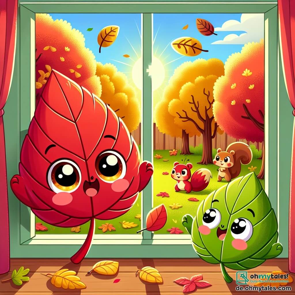 Ein hübsches kleines rotes Blatt mit funkelnden Augen und einem breiten Lächeln steht am Fenster und schaut mit Staunen auf die Herbstlandschaft. Es ist von leuchtenden Farben umgeben, mit Gelb-, Orange- und Rottönen, die um es herumtanzen. Daneben beugt sich ein etwas kleineres grünes Blatt mit einem neugierigen und fröhlichen Ausdruck ebenfalls, um die Bäume zu beobachten. Es ist leicht geneigt, als wolle es die Tiere draußen besser sehen. Die Szenerie ist ein bezaubernder Garten voller Bäume mit goldenen Blättern, durch deren Äste Sonnenstrahlen auf den mit Laub bedeckten Boden fallen. Eichhörnchen springen von Ast zu Ast, während Vögel am blauen Himmel fliegen. Die Hauptsituation zeigt die beiden Blätter, die von der Schönheit des Herbstes begeistert sind, die Farben der Blätter zählen und die Tiere beobachten, die sich auf den Winter vorbereiten, erfüllt von Freude und Aufregung.