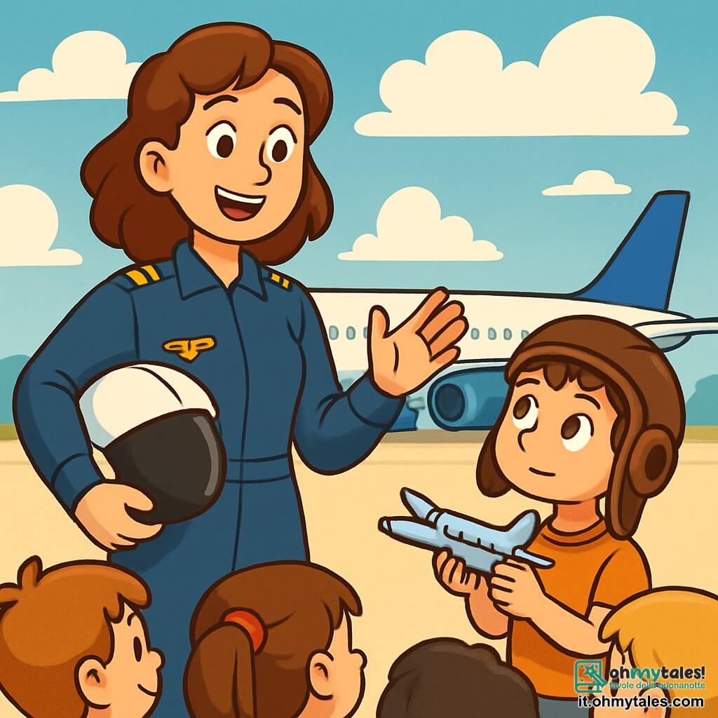 Una pilota, Maria, sorride con entusiasmo, indossando una tuta da pilota blu scuro con distintivi dorati e un casco sotto il braccio. Accanto a lei, un ragazzo di 8 anni con un cappellino da aviatore troppo grande la guarda con ammirazione, tenendo un modellino di aereo in mano. Siamo sul tarmac di un aeroporto soleggiato, con un grande aereo bianco e blu pronto al decollo. Nuvole soffici fluttuano in un cielo blu, mentre i bambini intorno ascoltano attentamente. Maria spiega le meraviglie del volo con gesti vivaci, mentre il ragazzo la ascolta affascinato, sognando le sue avventure nei cieli.