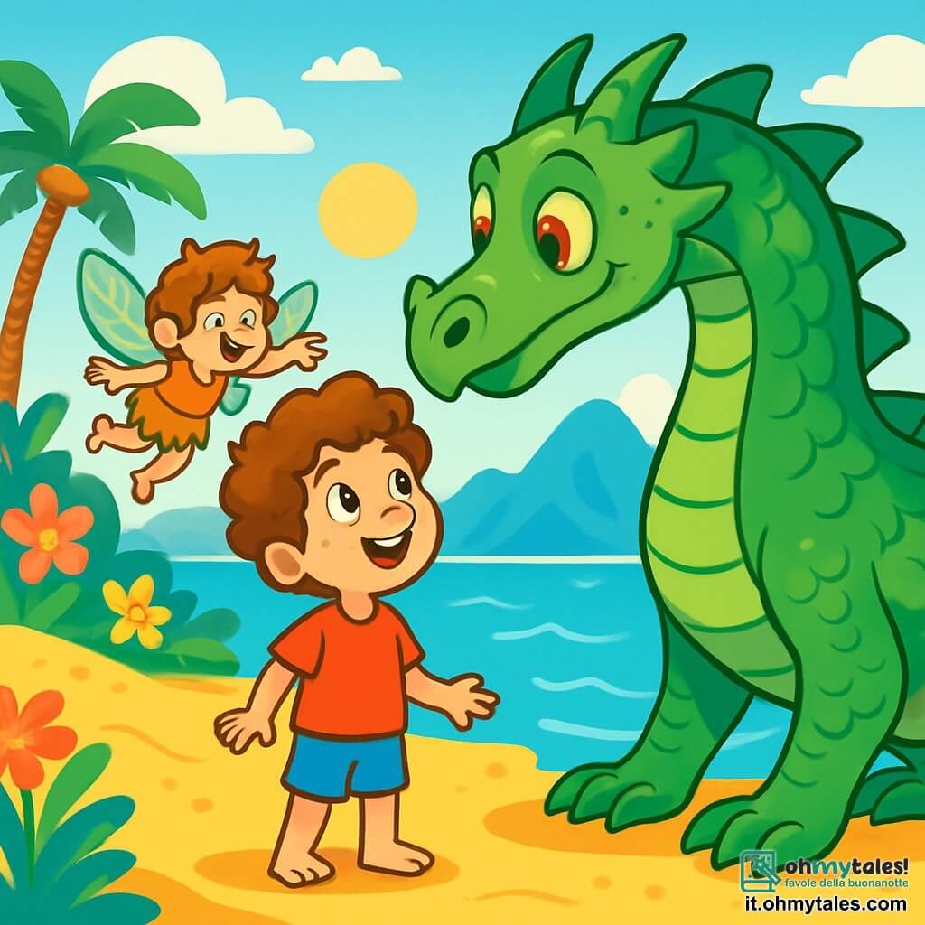 Un ragazzo di 8 anni, di nome Leo, con capelli ricci e occhi scintillanti di curiosità, si trova sulla spiaggia di sabbia dorata, con un grande sorriso di eccitazione. Indossa una maglietta rossa e pantaloni blu, a piedi nudi sulla sabbia calda, mentre osserva con meraviglia un grande drago dalle squame verdi e occhi rossi brillanti, che ha un'espressione amichevole e curiosa. Accanto a Leo, un piccolo folletto di nome Pippino, alto come una mela, con ali di farfalla scintillanti e capelli disordinati, vola felice, gesticolando per mostrare la strada verso il drago. Lo scenario è un'isola incantata, con palme danzanti, fiori colorati e un oceano blu splendente che scintilla sotto il sole. In lontananza, si ergono montagne maestose, aggiungendo un tocco di mistero. La scena principale mostra Leo e Pippino che parlano con il drago, che sembra intrigato dalle loro parole. Leo canta una dolce melodia, mentre il drago si avvicina lentamente, creando un'atmosfera magica e amichevole.