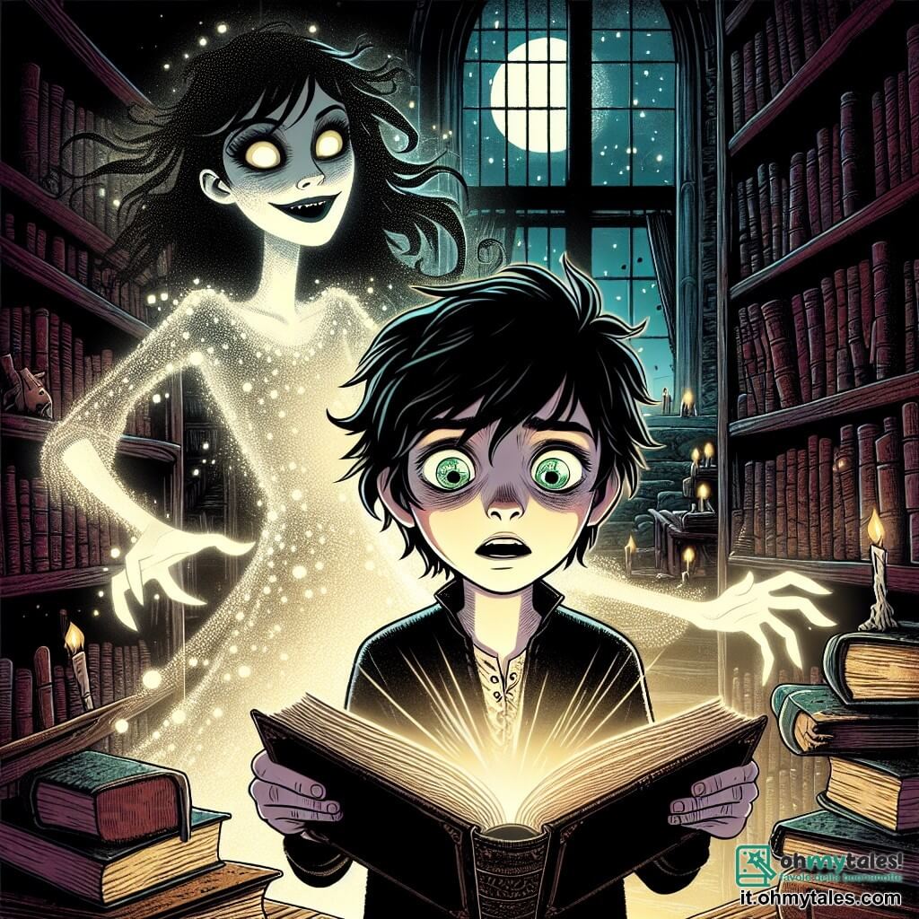 Alaric, un giovane ragazzo dai capelli neri disordinati e dagli occhi verdi pieni di curiosità, si trova davanti a un vecchio libro luminoso in una biblioteca buia, con un'espressione di meraviglia e apprensione. Accanto a lui, l'Ombra Sussurrante, una figura eterea con occhi brillanti e un abito fluttuante fatto di ombre, lo osserva con un sorriso misterioso, le braccia tese come per invitarlo a scoprire i segreti del libro. La biblioteca è piena di vecchi libri con copertine impolverate, scaffali in legno scuro e finestre che filtrano una luce lunare, creando un'atmosfera magica e inquietante. Alaric, affascinato dal libro, pronuncia un'incantazione mentre ombre danzano attorno a lui, rivelando un mondo misterioso nascosto tra le pagine.