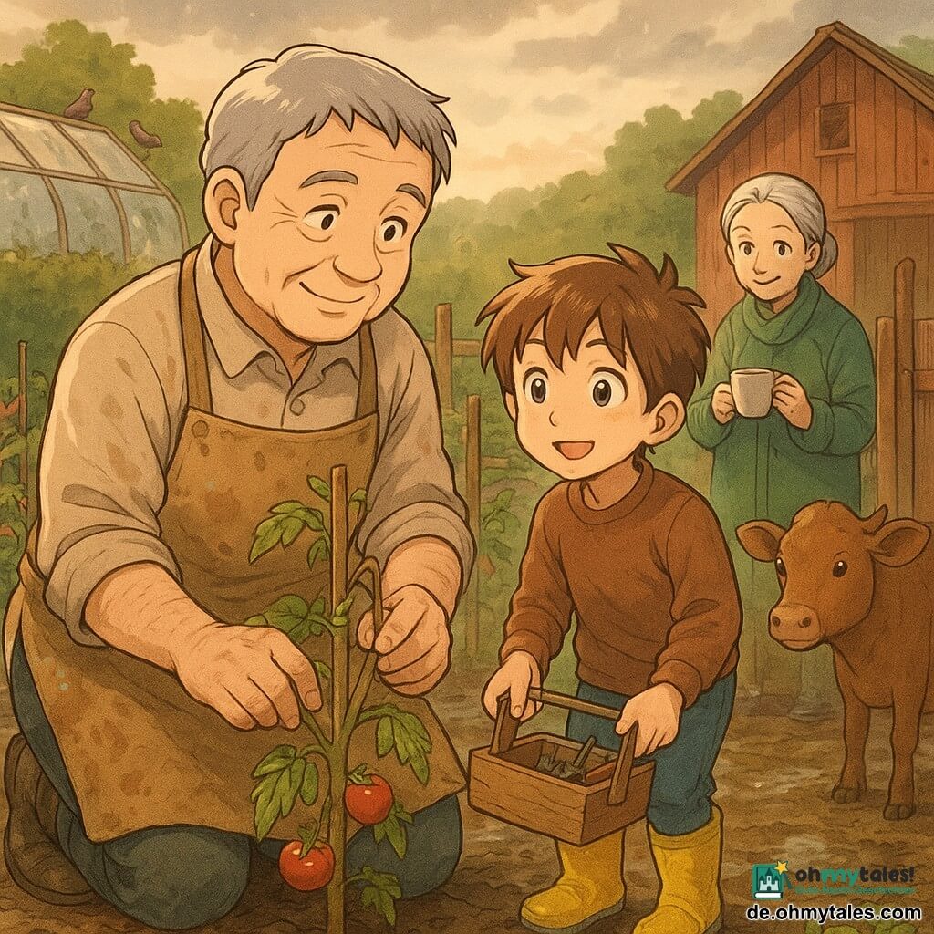 Jakob, ein älterer Mann mit rundem Gesicht, kurzen grauen Haaren und verschmutzter Leinen-Schürze, richtet eine abgebrochene Tomatenstange und steckt einen kleinen Holzpfahl in den nassen Boden; der etwa siebenjährige Emil mit zerzausten braunen Haaren und gelben Gummistiefeln steht daneben, hält eine Dose mit Werkzeugen und schaut bewundernd; Frau Müller, eine erwachsene Frau mit silbernem Dutt und grünem Mantel, bringt eine dampfende Tasse Tee und steht lächelnd am Holztor; die braune Kuh Hanni steht neugierig an der hinteren Absperrung; nach dem Gewitter sind Boden und Pfützen dunkel und glänzend, die Tomatenreihen mit Stäben und Schnüren repariert, Gewächshaus beschlagen, Hecke dicht, alte rote Scheune im Hintergrund; Szene der Wiederherstellung nach dem Sturm mit Wassertropfen auf Blättern und warmem Spätnachmittagslicht im Manga-Stil mit klaren Linien, warmen Pastellfarben und sichtbaren Holz- und Erdtexturen.