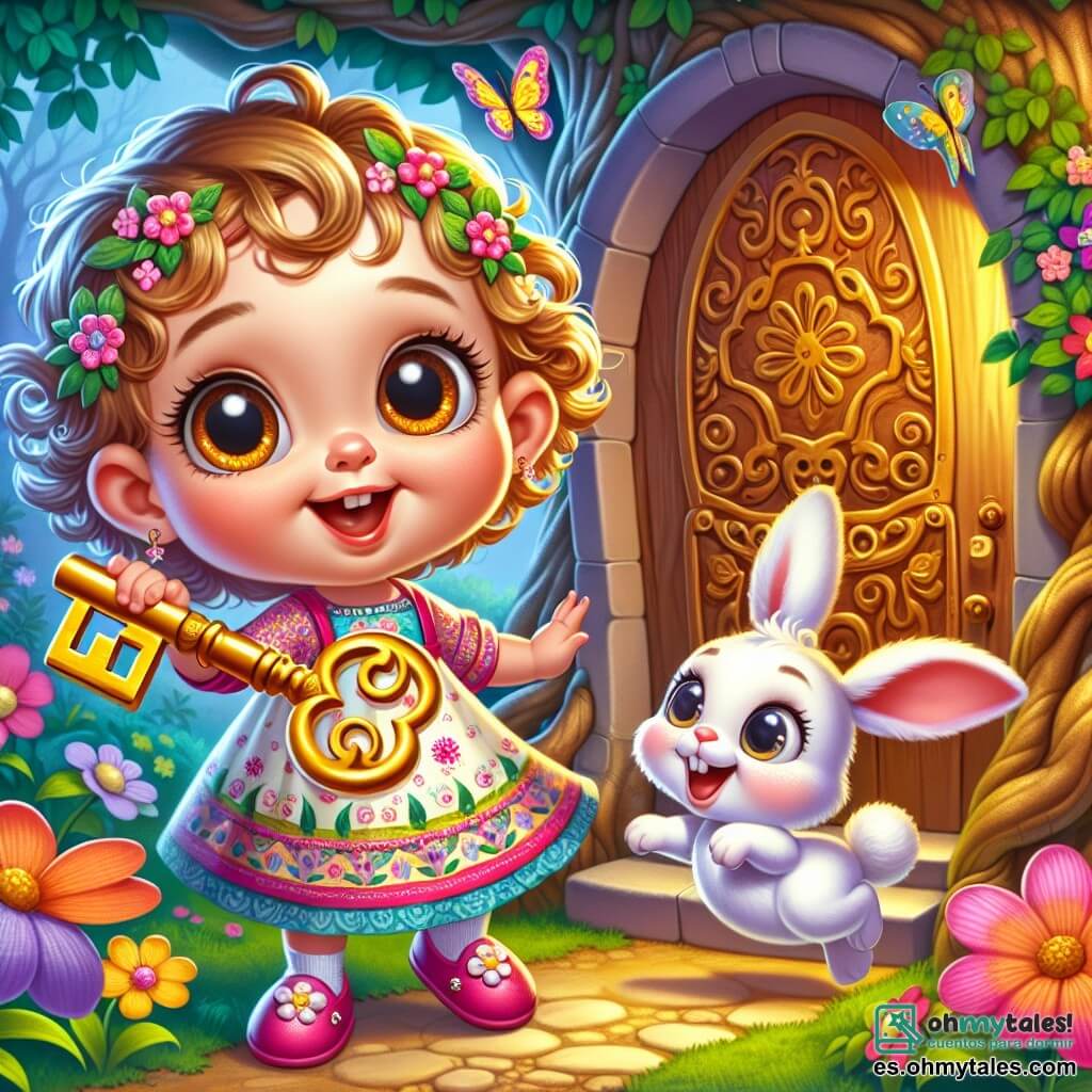 Una niña de 1 año, con grandes ojos brillantes y cabello rizado, sonríe maravillada mientras sostiene una llave dorada en sus pequeñas manos. Lleva un vestido colorido con patrones de flores y zapatitos rosas. Junto a ella, un adorable conejito blanco, con grandes orejas y una nariz rosa, salta alegremente, mirando la llave con interés. El escenario es un jardín mágico, lleno de flores vibrantes, grandes árboles con troncos nudosos y una pequeña puerta de madera oculta tras un arbusto. Mariposas multicolores vuelan alrededor, añadiendo un toque de magia al entorno. La escena representa el descubrimiento de la puerta secreta en el jardín, donde la niña y el conejo se preparan para entrar en un mundo de fantasía, con expresiones de alegría y emoción en sus rostros.
