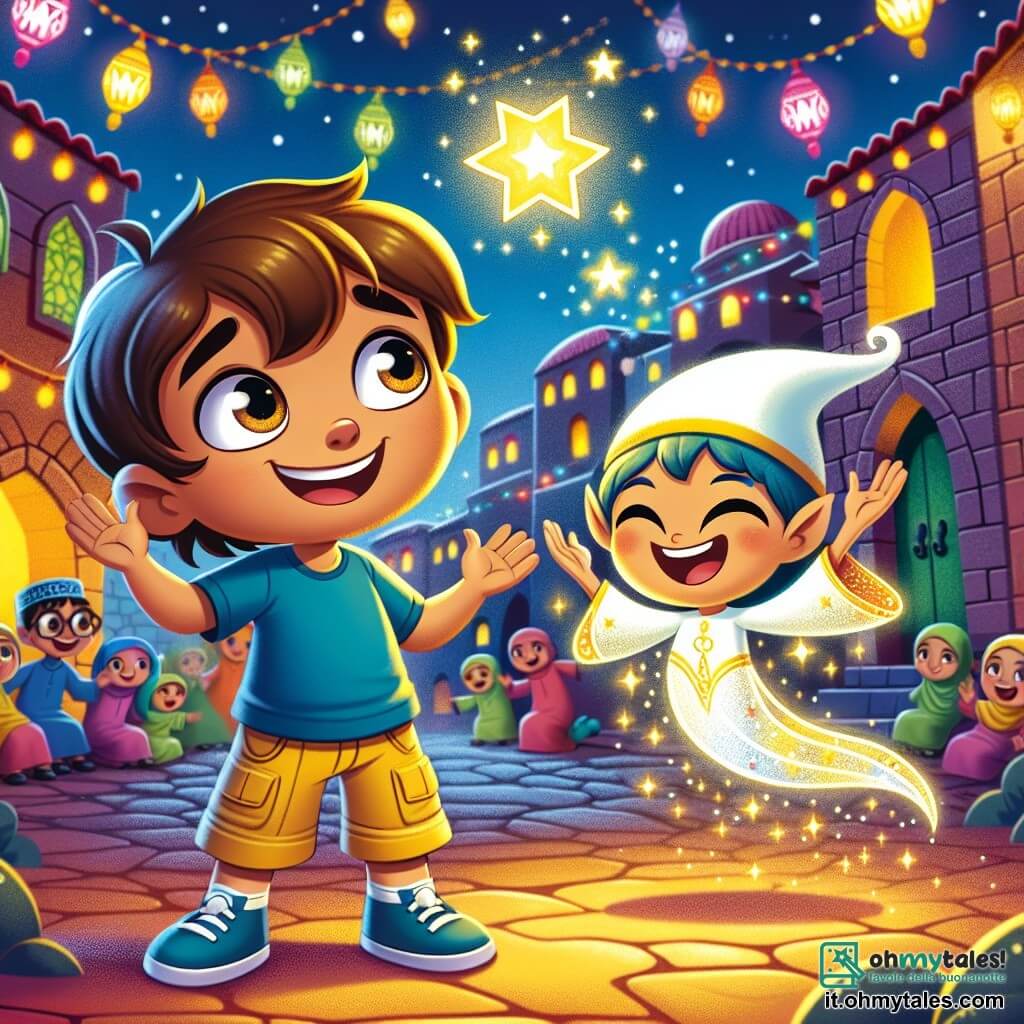 Un ragazzo di 8 anni, con capelli castani e occhi pieni di curiosità, si trova al centro dell'immagine, sorridente e meravigliato. Indossa una maglietta blu e un pantaloncino giallo, guardando una stella brillante nel cielo notturno, con le braccia aperte come se volesse afferrarla. Accanto a lui, un piccolo folletto luminoso, con un cappello a punta e ali scintillanti, fluttua allegramente nell'aria, ridendo e indicando la stella. Sullo sfondo, un villaggio colorato è illuminato da lanterne multicolori, con case in pietra dai tetti di tegole e bambini che giocano felici per strada, creando un'atmosfera festosa e calorosa. La scena rappresenta il momento magico in cui il ragazzo scopre la bellezza del Ramadan, incantato dalla luce della stella e dalla gioia che lo circonda, mentre risate e scintillii riempiono l'aria.