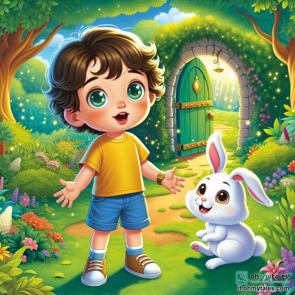 Un bambino di 2 anni, di nome Leo, con capelli ricci e occhi brillanti di curiosità, si trova davanti a una porta magica nascosta in un giardino lussureggiante. Indossa una maglietta gialla e pantaloni blu, e il suo viso esprime grande sorpresa e meraviglia. Accanto a lui, un adorabile coniglietto bianco, con grandi orecchie e un sorriso amichevole, sembra incoraggiarlo a entrare nel mondo magico. Il coniglio è seduto sull'erba verde, con le zampe anteriori sollevate, come se invitasse Leo a seguirlo. Il luogo è un giardino incantato, pieno di fiori colorati, cespugli folti e alberi maestosi che cantano dolcemente al vento. La luce del sole filtra tra le foglie, creando ombre danzanti sul terreno. La scena principale mostra Leo, curioso ed emozionato, pronto ad aprire la porta magica che lo porterà verso un'avventura incredibile, mentre il coniglio lo osserva con uno sguardo incoraggiante.